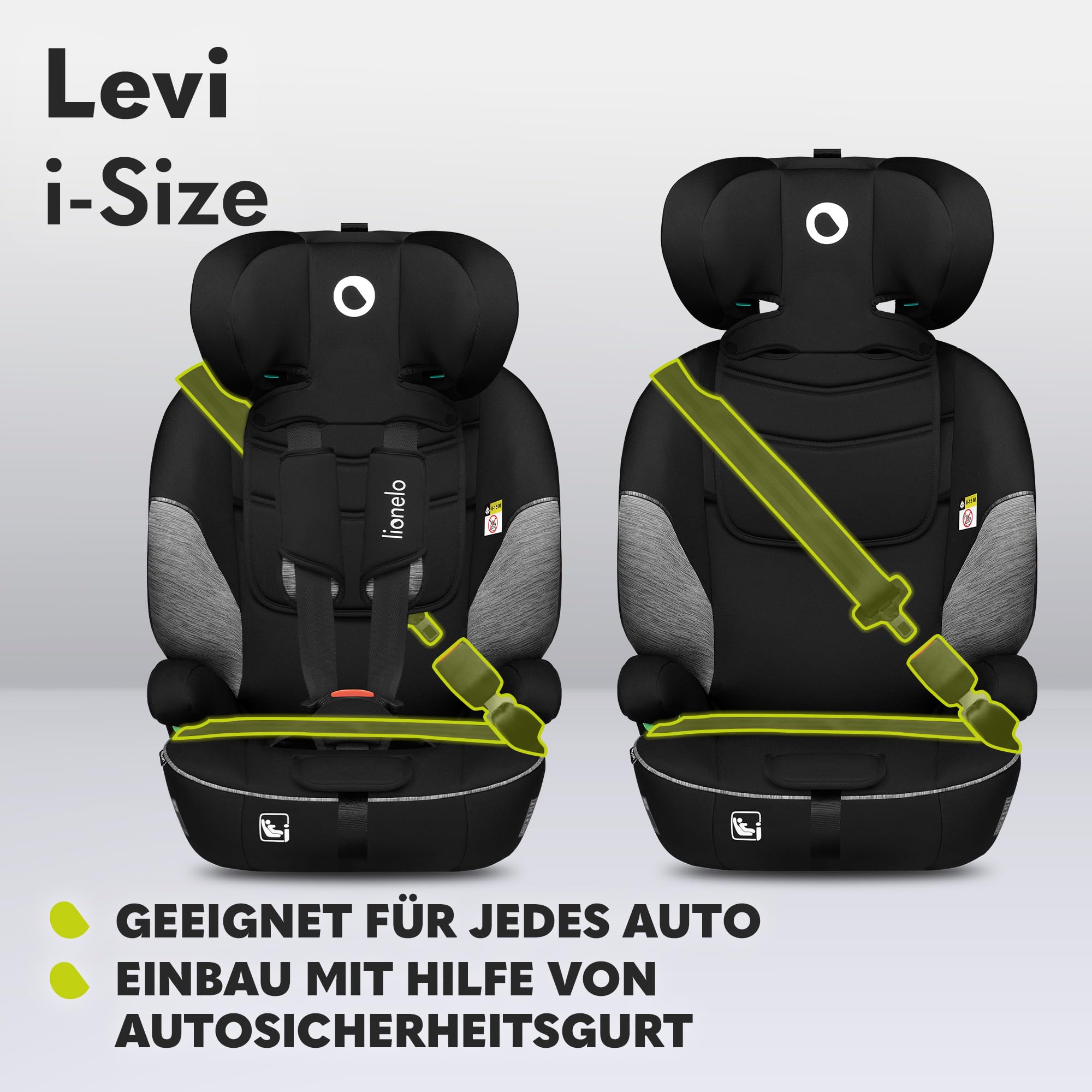 Lionelo Levi i-Size Kinderautositz Gruppe 1/2/3 9-36 kg i-Size R129/03 5-Punkt-Gurt Memory-Schaum Kopfstütze