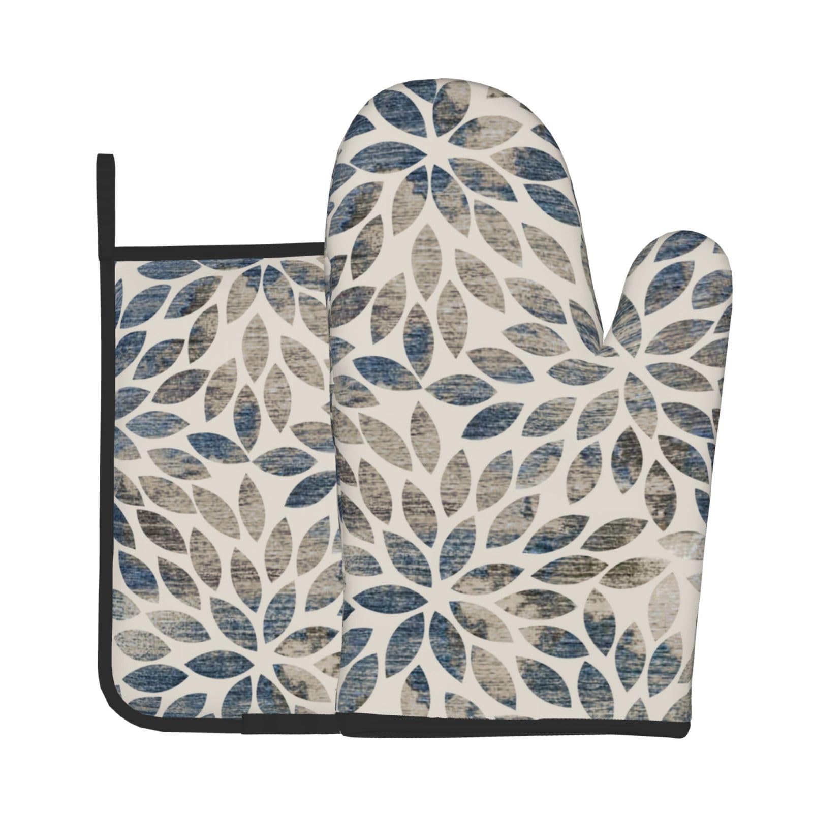 Vintage Floral Oven Mitts and Pot Holders Sets - Dahlia Kitchen Mitts Potholders 2 Pack Heat Resistant Brown Blue Flower Oven Gloves Hot Pads for Kitchen Baking Grilling Party