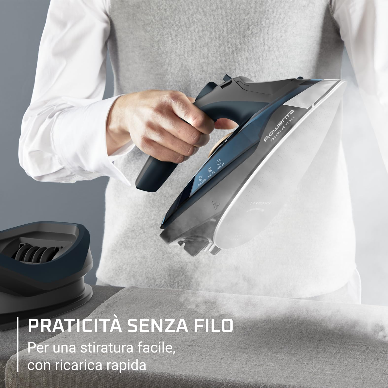 Rowenta Freemove Force, Ferro a Vapore Senza Filo: Efficace, Leggero, con Riscaldamento Rapido e Ricarica Veloce. Getto di Vapore da 40 g/min, Spegnimento Automatico, Modello DE6725D1.