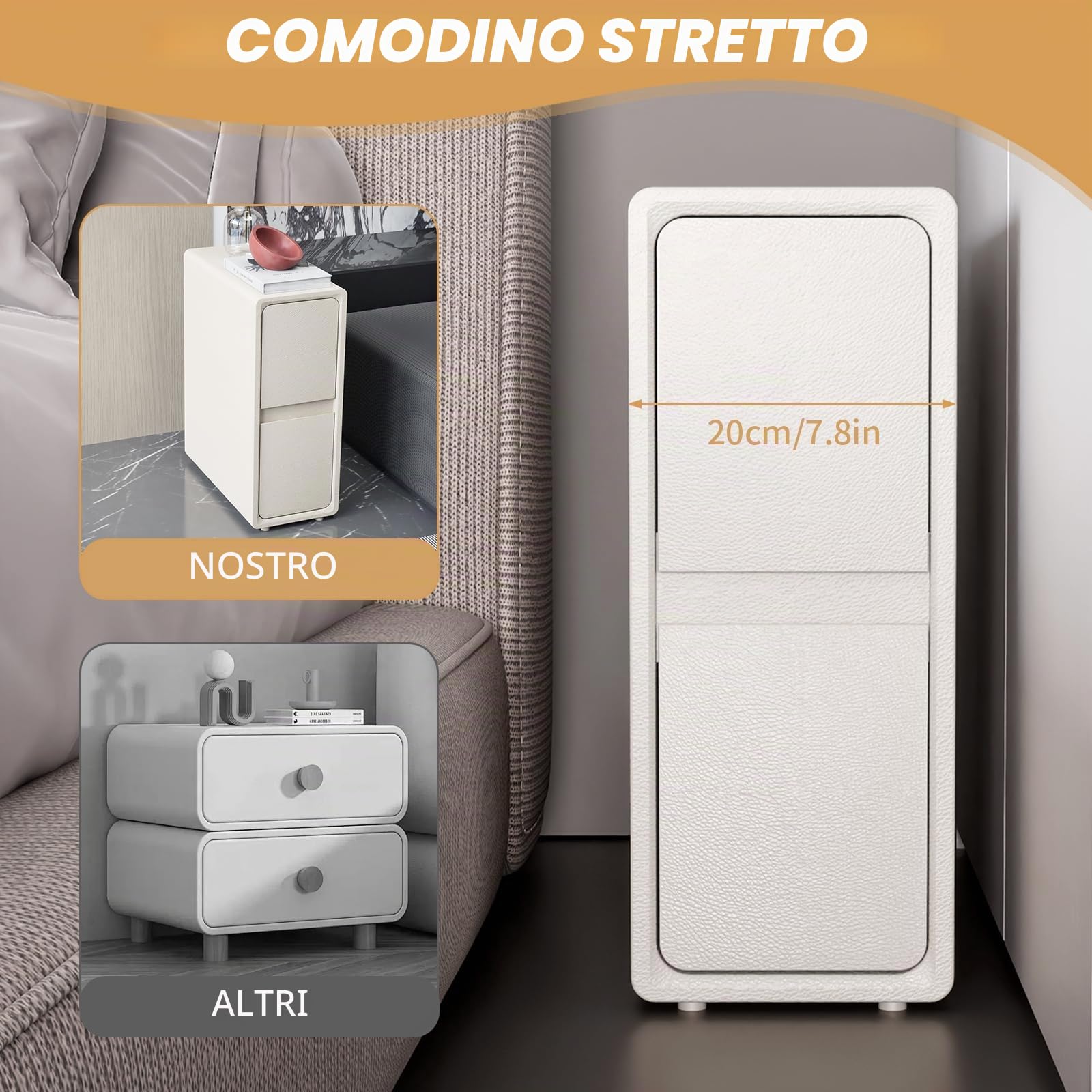 Comodino sottile, sottile, comodino moderno in pelle con 2 cassetti in legno massiccio, piccolo tavolino per camera da letto, soggiorno, 50 x 40 x 25 cm (bianco caldo)