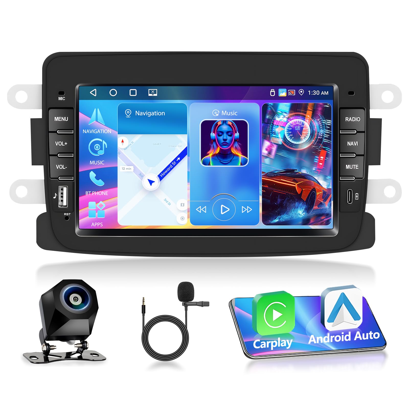 Autoradio 4+64G Android 15 per Dacia Logon Duster Captur Sandero Symbol Lodgy LadaXray, 1 DIN 7'' Stereo Radio Bluetooth 5.0 IOS Carplay Android Auto Radio EQ GPS WiFi Supporto DAB