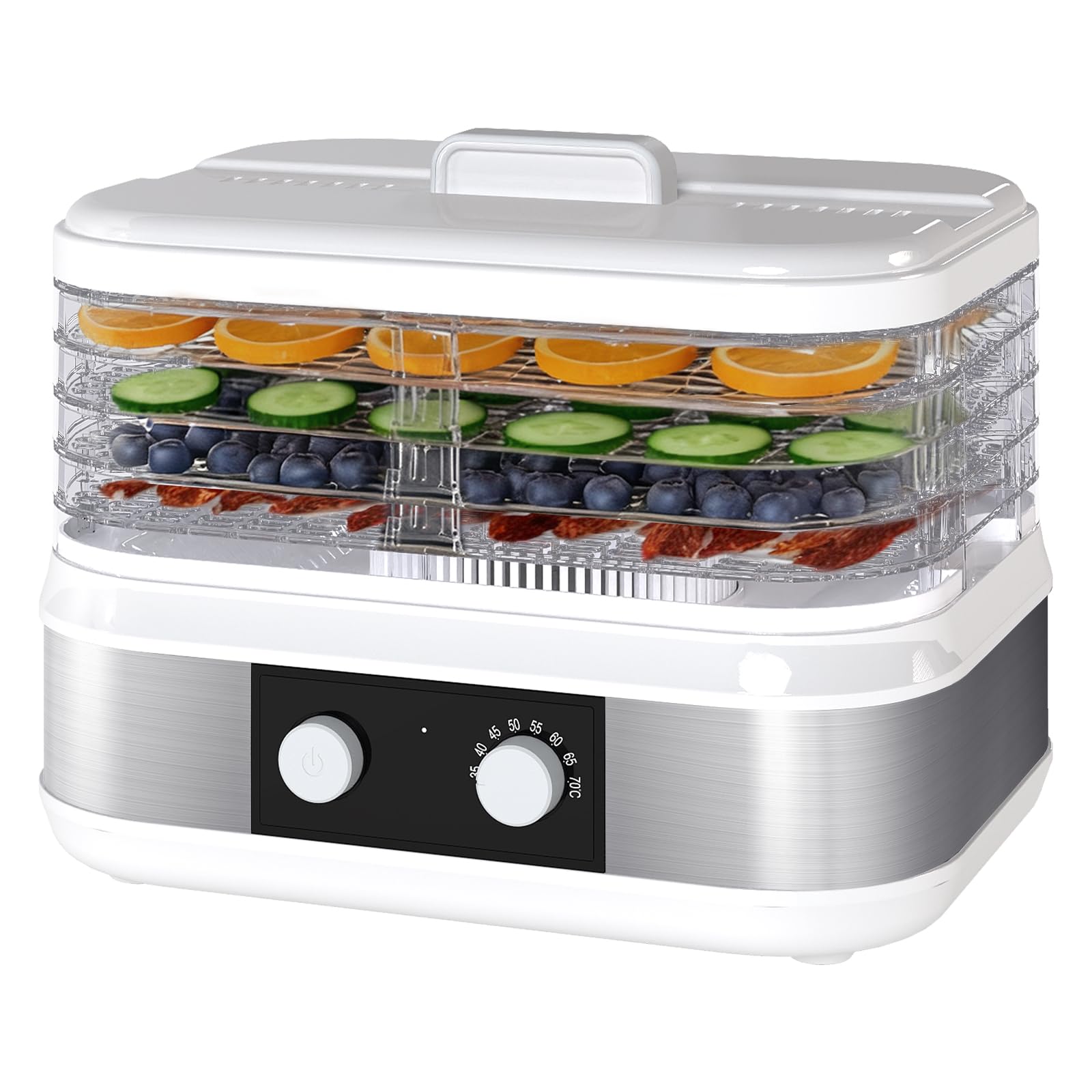 Spector Compact 5-Tray Food Dehydrator, 450W Stainless Steel Dryer with Adjustable Height Trays, 35°C-70°C Adjustable Thermostat for Jerky, Fruit, Herbs, Yogurt, Pet Treats, White