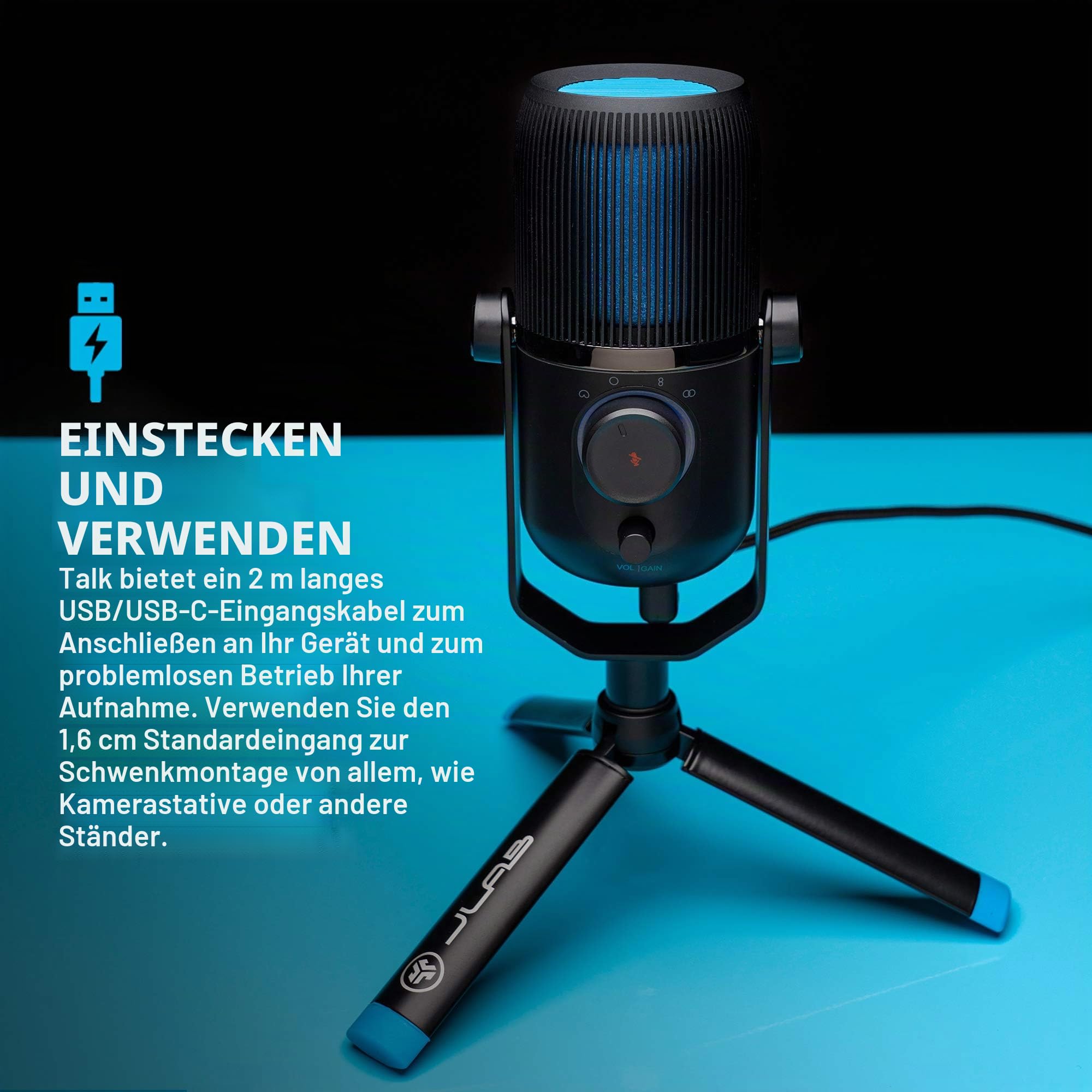 JLab Talk USB Mikrofon - PC Plug und Play Mit USB-C, 4 Richtcharakteristiken, Lautstärkeregelung und Stummschaltung - Streaming, Podcast und Gaming Mikrofon mit Stativ