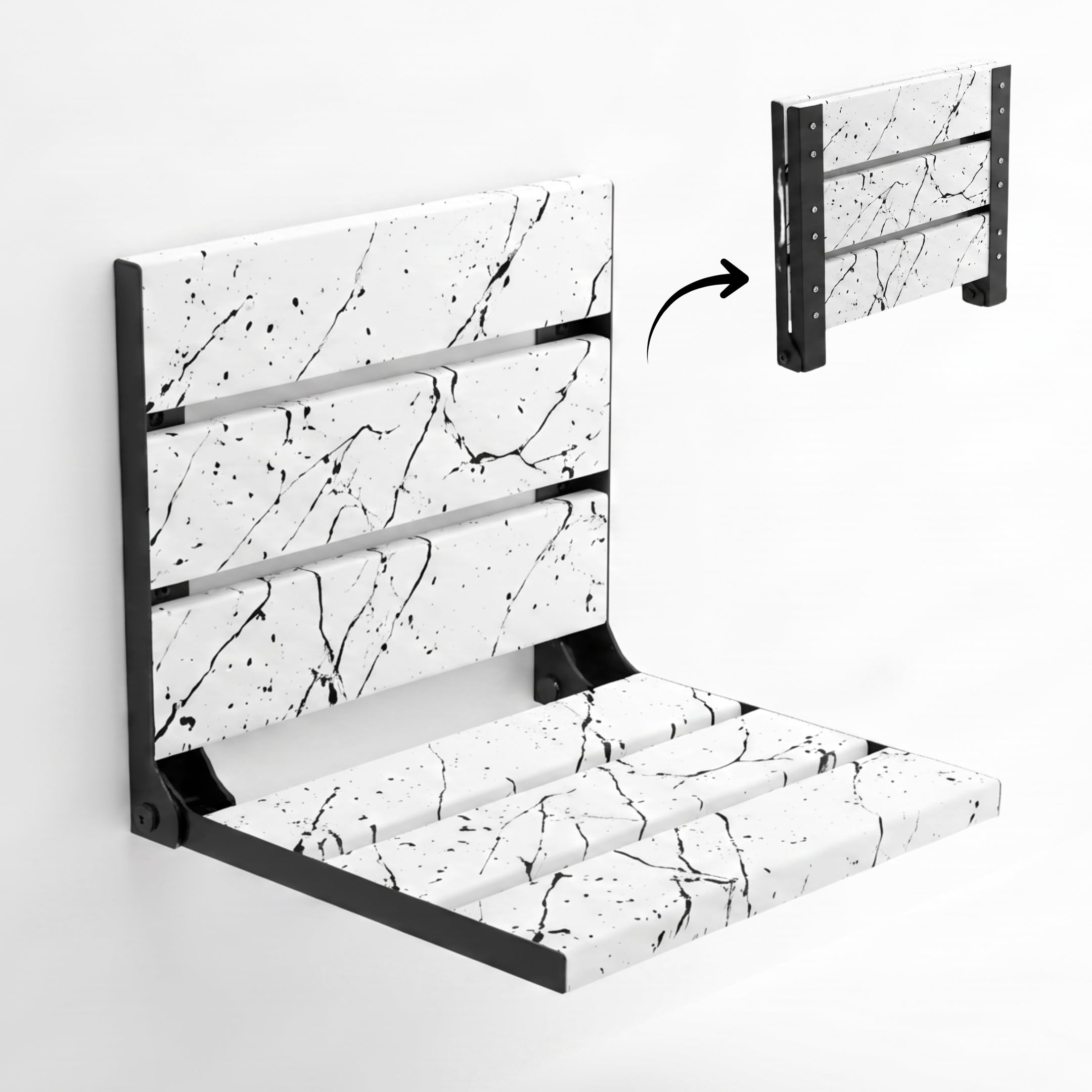 Asiento de ducha plegable hecho a mano con acabado de efecto mármol con respaldo, banco de baño de madera de teca montado en la pared