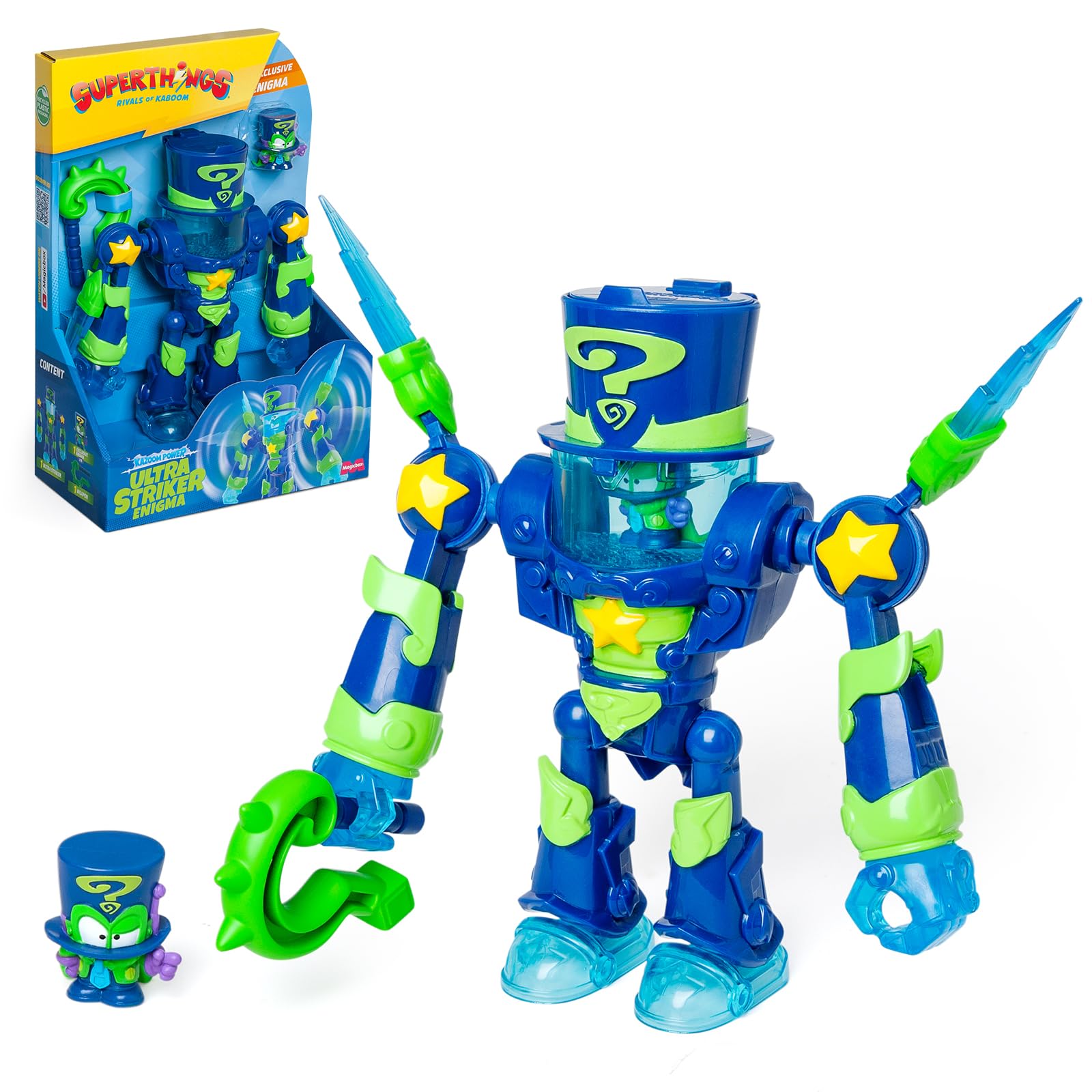 SUPERTHINGS – Ultra Striker Enigma. Enigma's Ultra Striker robot from the animated series “Superthings Kazoom Power”. Contains 1 Ultra Striker robot, 1 exclusive Enigma, and 1 accessory.