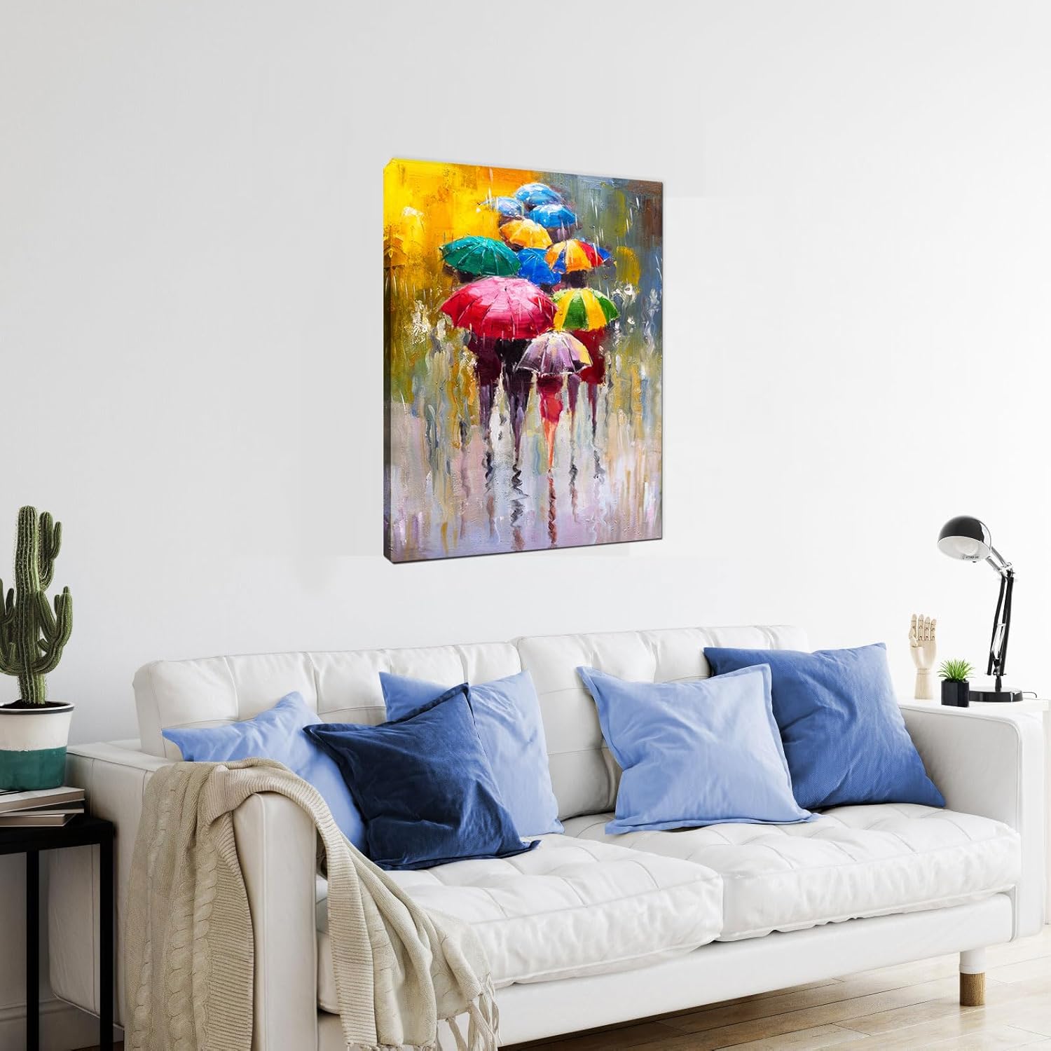 KLVOS Large Canvas Print Wall Art- 24x36 Colorful Umbrella Office Worker Walking in the Rain Canvas Oil Painting Picture Artworks Modern Landscape for Home Wall Decor Ready to Hang