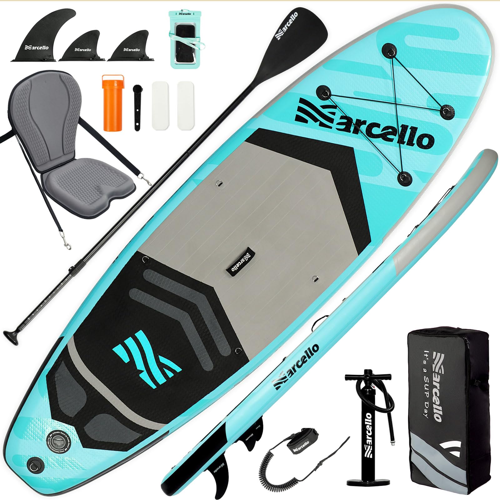 Marcello Paddle Board with Seat, Ultra Wide 10.6 x 33 x 6 Inch Inflatable Stand Up Paddling Board with Sup Accessories, Paddle, Cup Holder, Dry Bag for Yoga, Fishing, Surfing