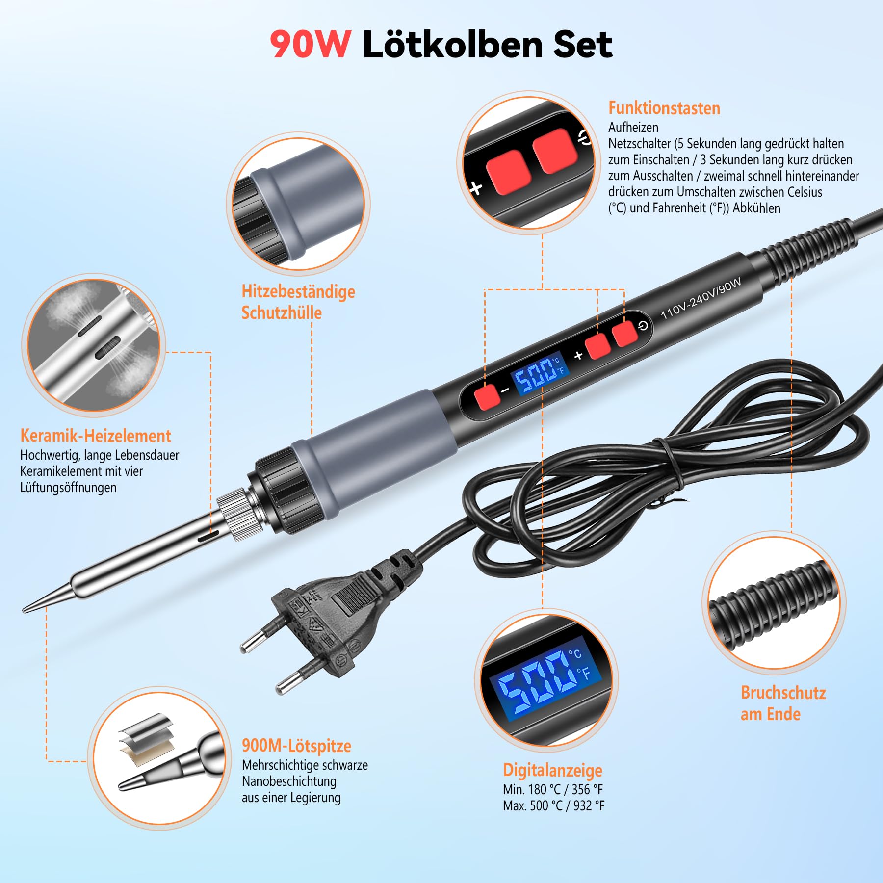 Saldatore 90W Alta Efficienza con Regolazione Temperatura LCD 180-500℃, Kit con 3 Punte, Filo di Stagno, Supporto, Nero