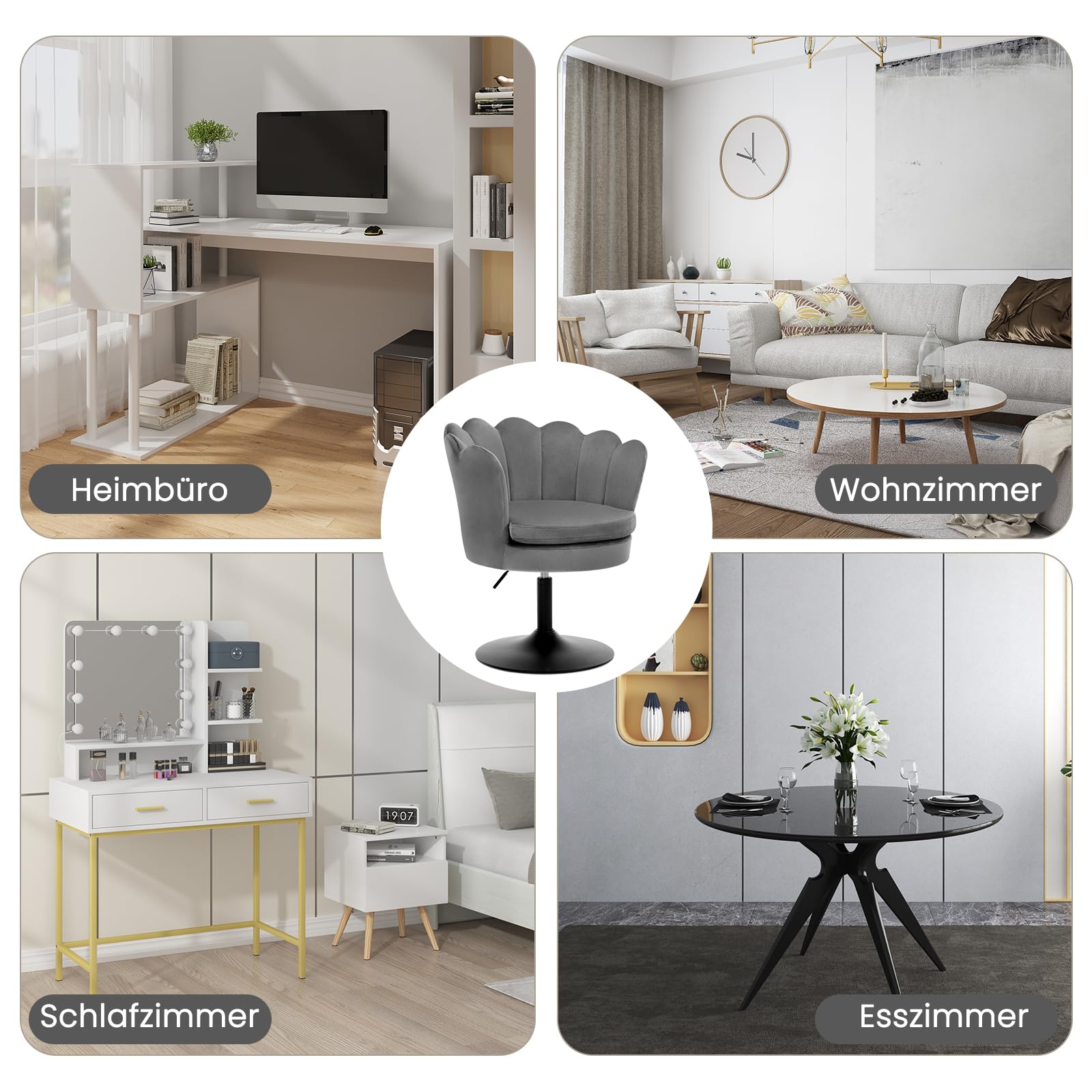 WOLTU Schminktisch Stuhl Blumenform, Schminkstuhl mit Lehne, Esszimmerstuhl höhenverstellbar, Barstuhl 360° drehbar, Drehhocker 150 kg belastbar, runder Hocker, mit Samtbezug, Dunkelgrau, BH420dgr-1
