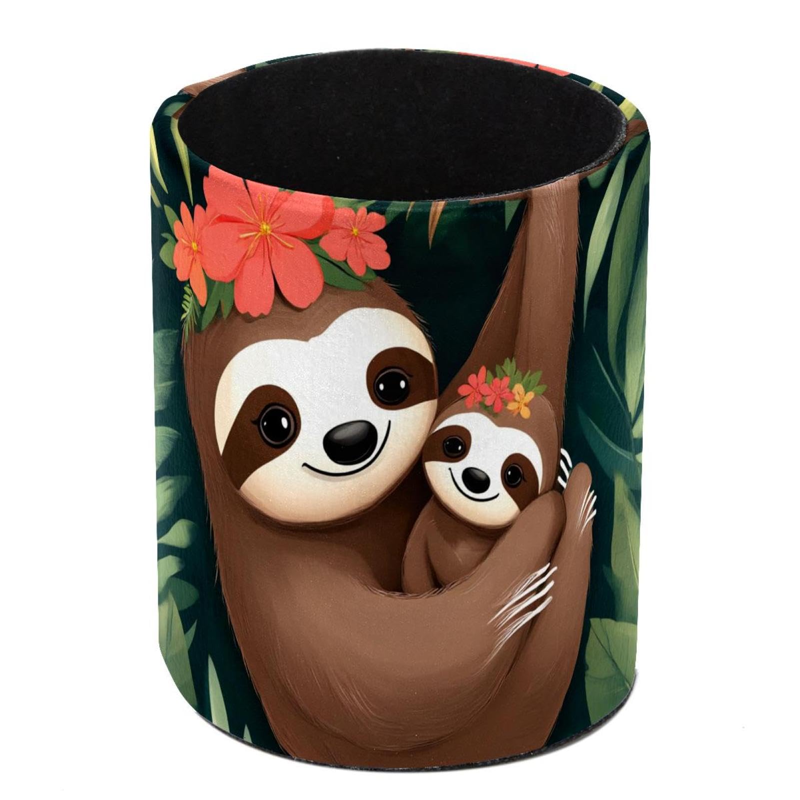 HEOEH Tropical Sloth Pen Holder for Desk, PU Leather Pencil Holder Pen Cup Marker Holder Makeup Brush Holders, Desk Accessories & Workspace Organizers for Home, Office