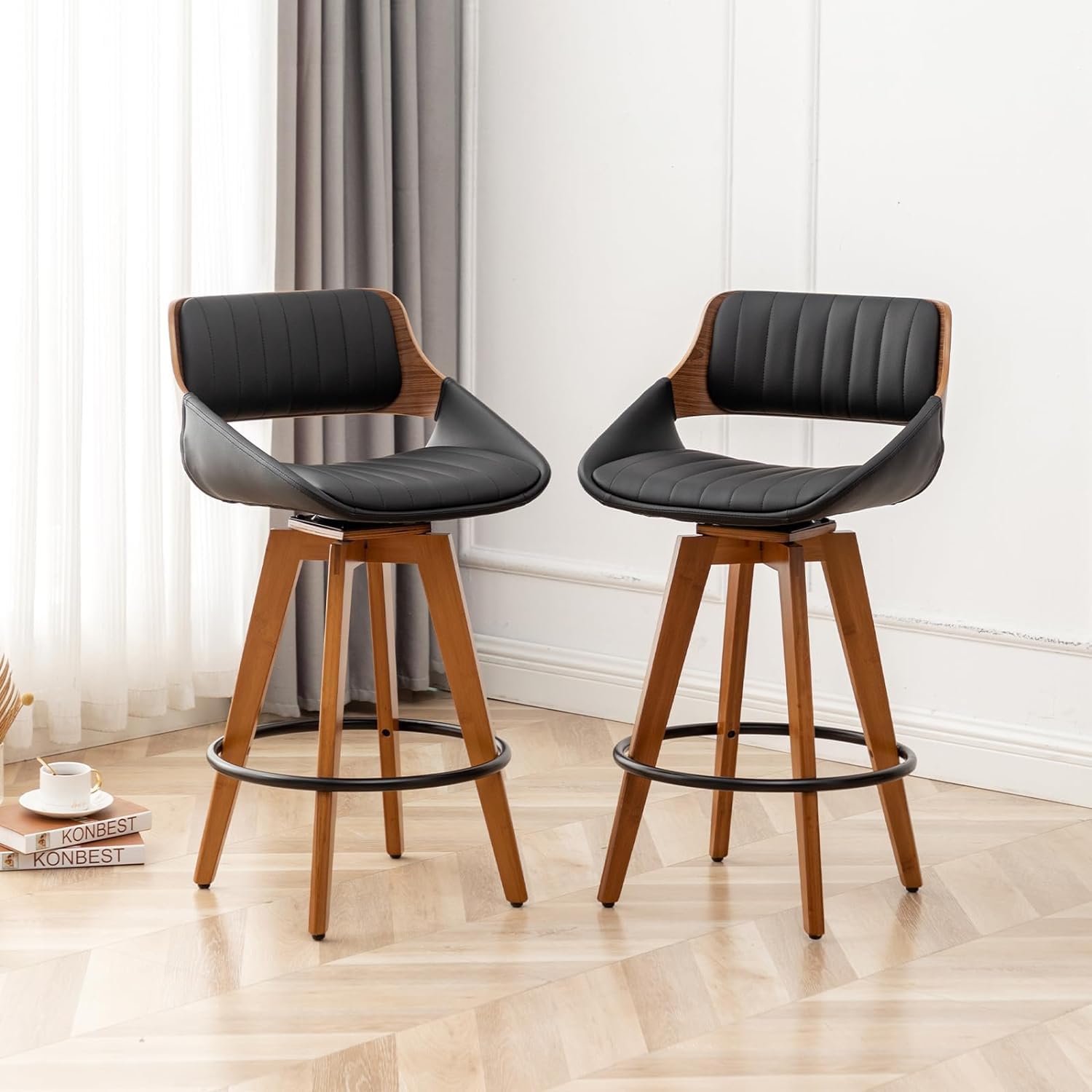 LUNLING Swivel Bar Stools Set of 2 Mid Century Modern Black Faux Leather Upholstered Counter Height Barstools,Kitchen Island Wooden Bar Chairs 25.6-Inch Armless Counter Stools with Wood Back and Legs