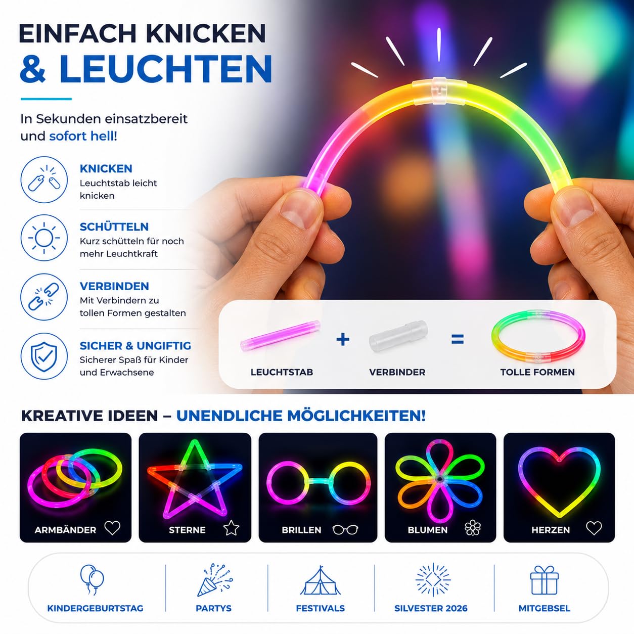 PYROHELD 1000x Knicklichter - Leuchtstab - extra Hell & Lang - in bunten Farben für Kindergeburtstag, Party, Silvester, Mitgebsel, Festival, Geburtstag - Glow Sticks mit Verbinder (1000)