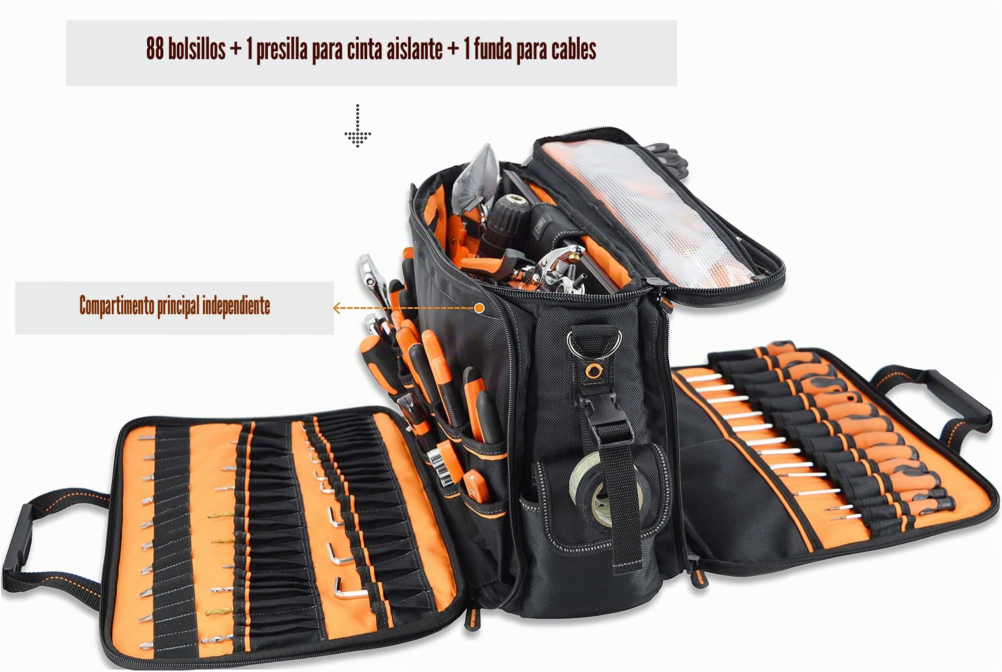 WELKINLAND Bolsa de herramientas para electricista con 88 bolsillos, para electricistas, técnicos, HVAC y laptop