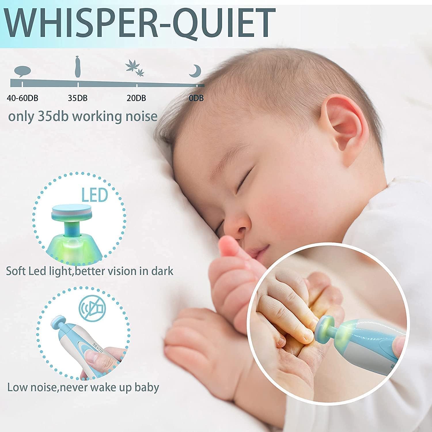 PURE NEST Baby Nail Trimmer – Safe & Gentle Electric Nail File for Newborns & Toddlers, Quiet & LED Light, 6 Grinding Heads, Easy to Use, Baby Manicure Set for Infant & Kids 4