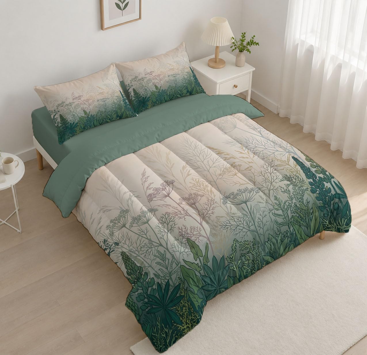Trapunta Piante Lineari Semplici, Piumino Singolo 4 Stagioni | 140X200 Cm Con Federa 50X80, Piumone Leggero In Microfibra, Trapunta Reversibile Prato Sfumata Ad Acquerello, Beige Ciano