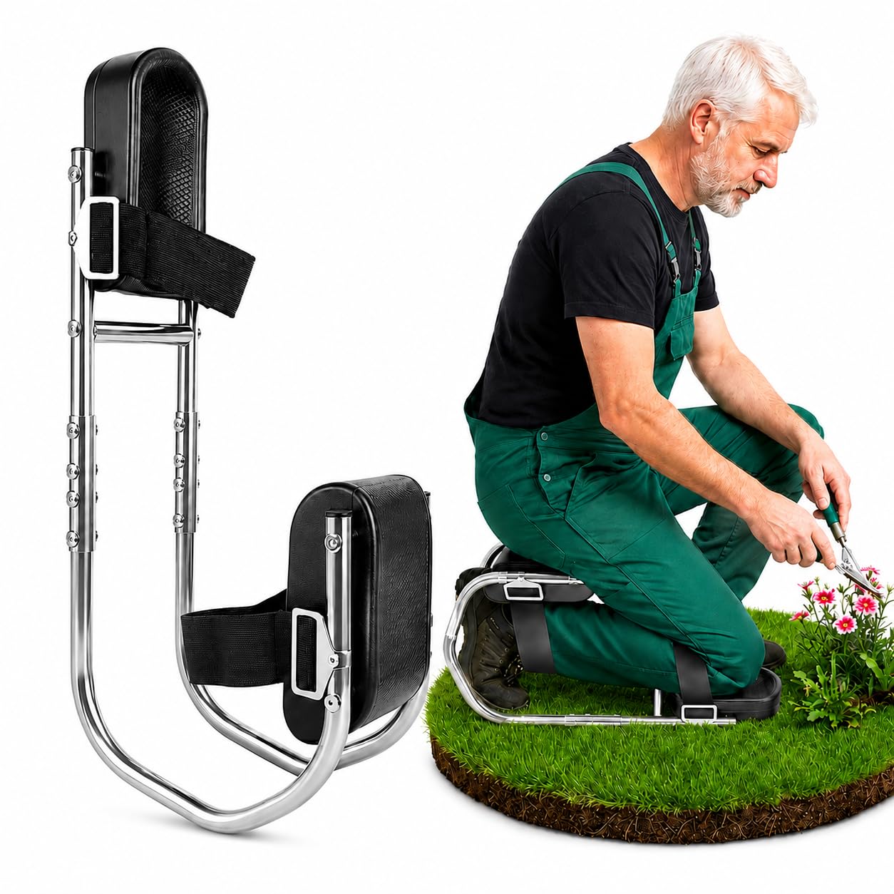 Ginocchiera per giardinaggio, sedia in ginocchio con funzione di seduta, sgabello da giardino, regolabile, portatile, comfort per ginocchia da 160-195 cm di altezza, protezione per ginocchia