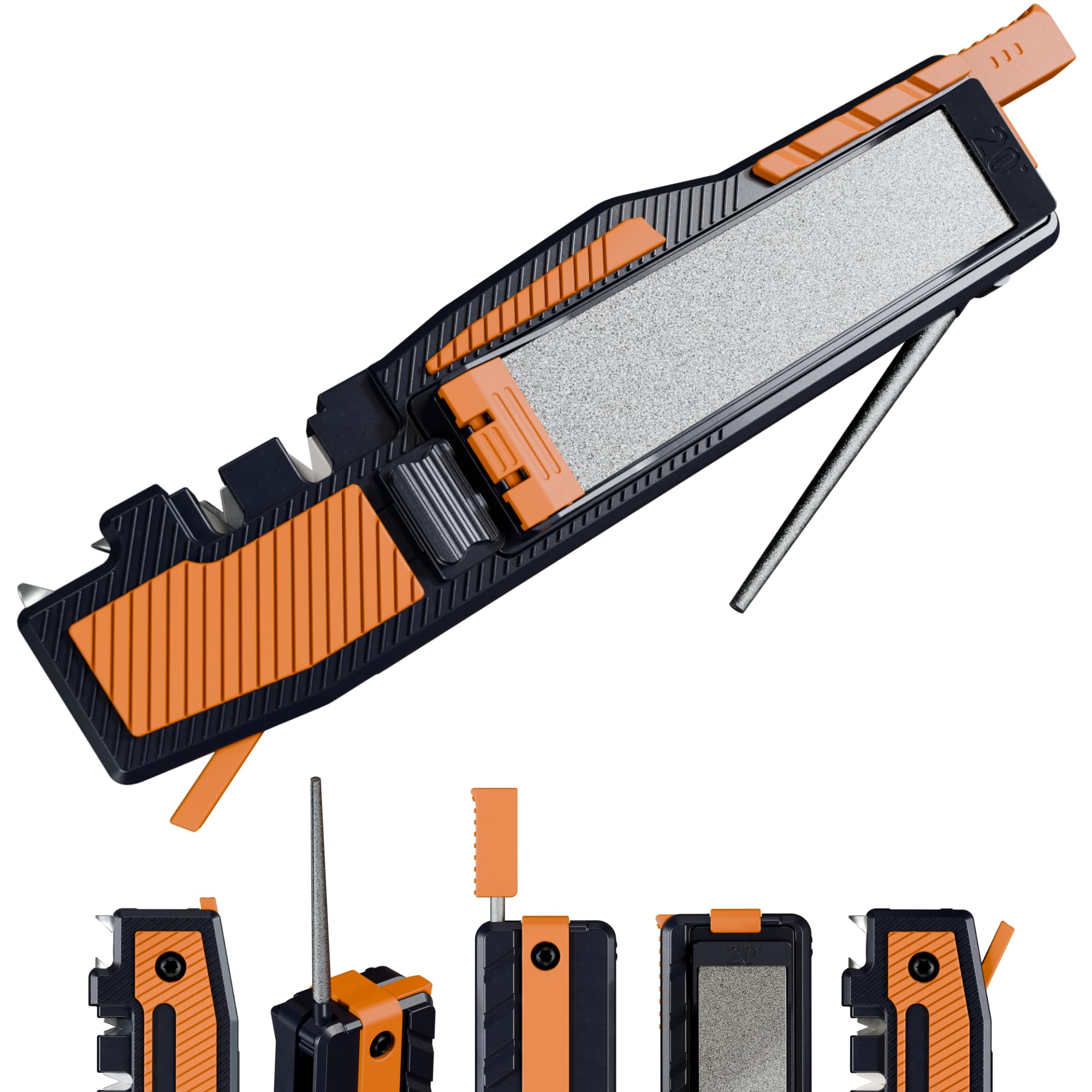 Orange Ninja Pocket Field Knife Sharpener 8-in-1 Camping Hunting EDC Knife Sharpener with Guided Diamond Whetstones Leather Strop