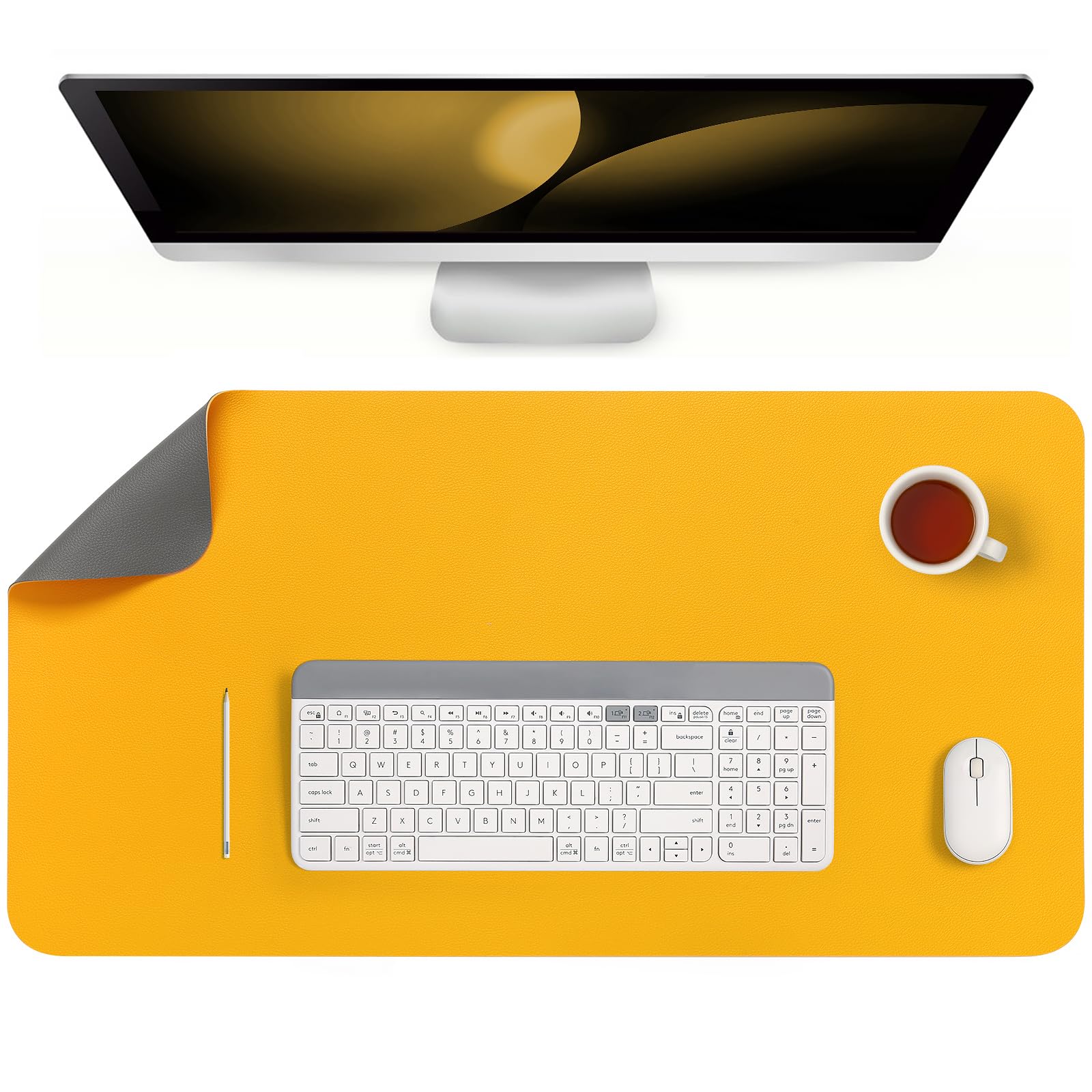 Sous-main Tapis de Bureau Antidérapant Double Face Cuir 43 x 90 cm Gris Jaune