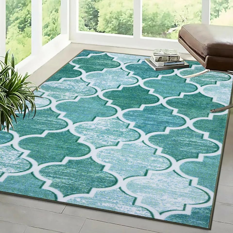 Online Bedding Rugs - Made with Polyester Area Rugs for Bedroom -Non Shedding Modern Soft Medium Pile Shaggy Rug for Hallway - Gel Backed Non Slip (Ouranos-Aqua, 80 x 150 cm (2 ft 4 in x 5 ft))