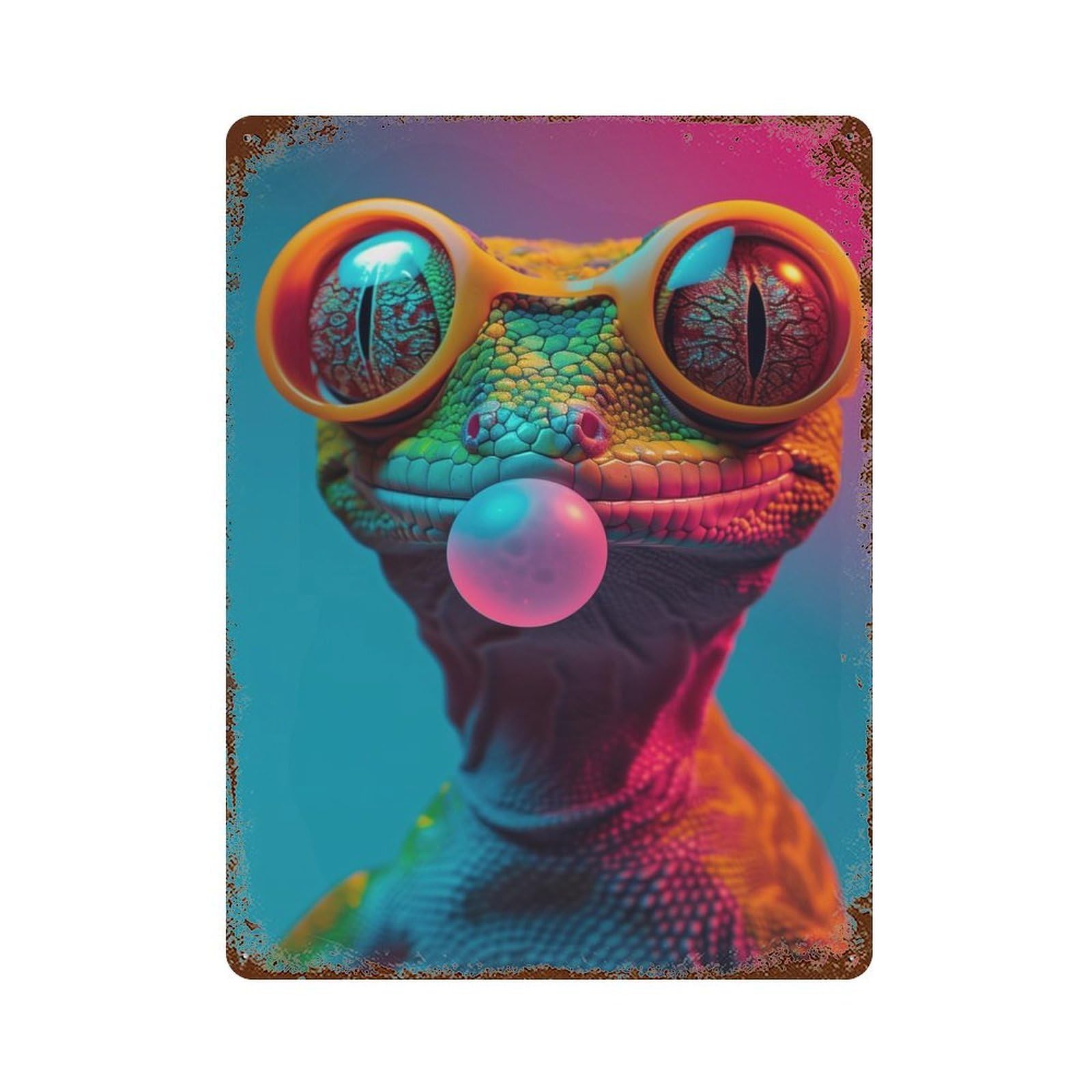 Gecko Bubblegum 15.7"x11.8" Rustic Tin Plaque, Novelty Wall Decor for Living Room, Hallway And Home Decor