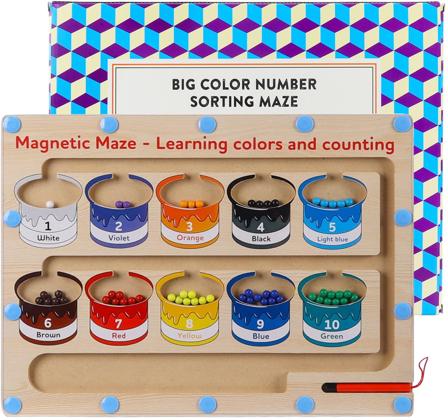 Magnetic Color and Number Maze -Montessori Fine Motor Skills Toys for Boys Girls 3 4 5 Years Old,Educational Toys for Toddlers Kids,Wooden Color Matching Learning Counting Puzzle Board Games Color Bucket Maze