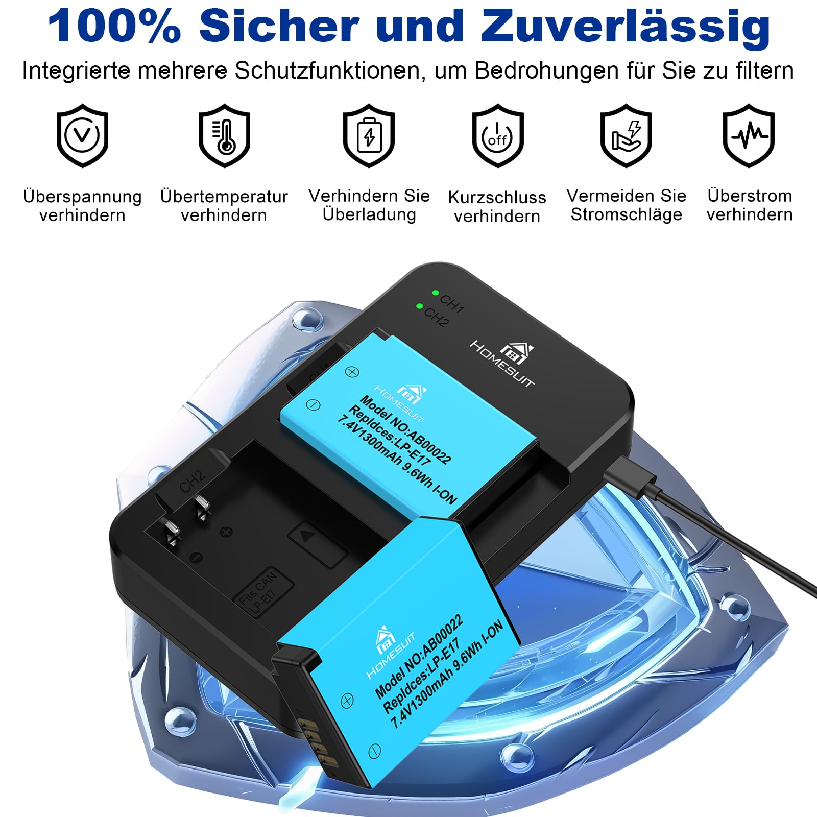 Homesuit 2er-Pack LP-E17 Akku 1300mAh & Typ-C LED Dual Ladegerät Kit für Canon EOS RP, R8, R10, R50, R100, M3, M5, M6, 200D, 77D, 750D, 760D, 800D, 8000D, Rebel SL3, SL2, T8i, T7i, T6i, T6s und mehr