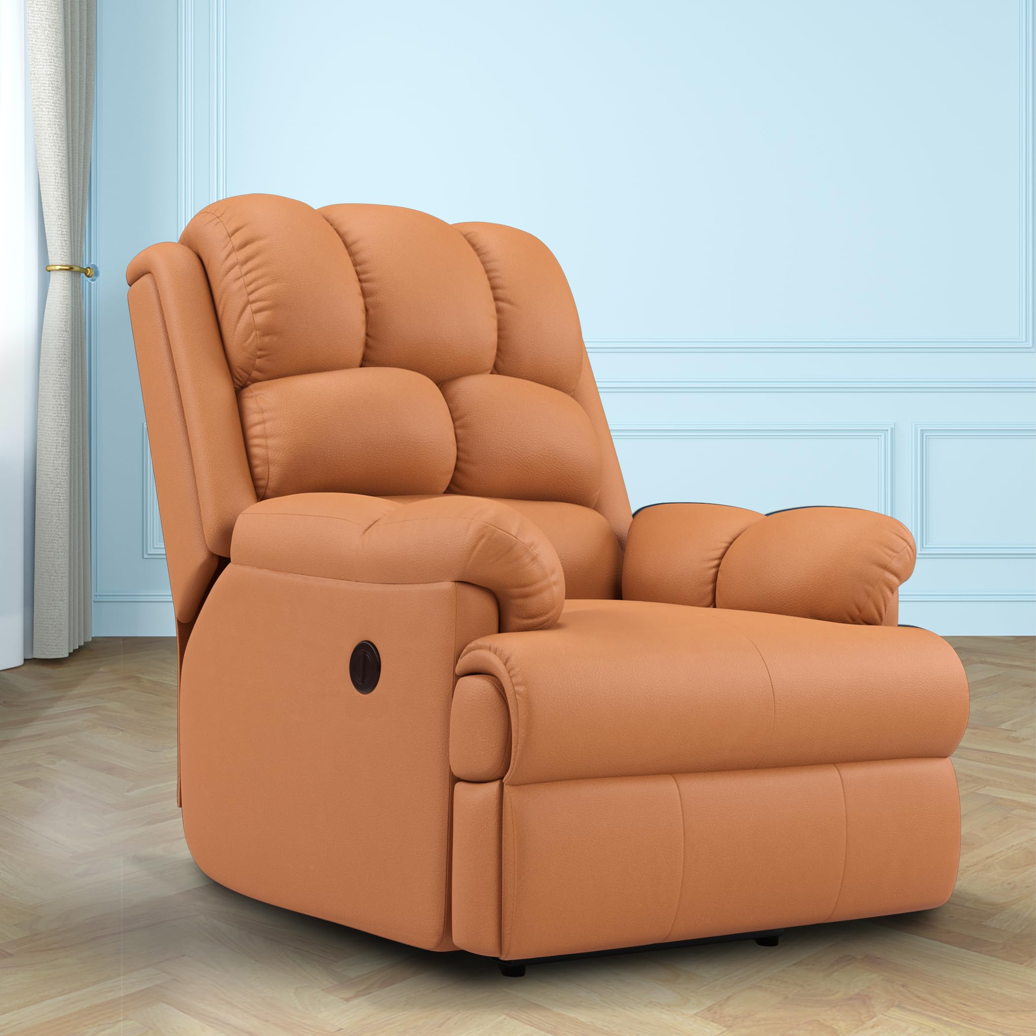 The Sleep Company Luxe Motorised Recliner Sofa | Recline, Rock, Revolve | Patented SmartGRID Technology | German Engineered Mechanism | 1 Seater | Tan Leatherette | Free Installation