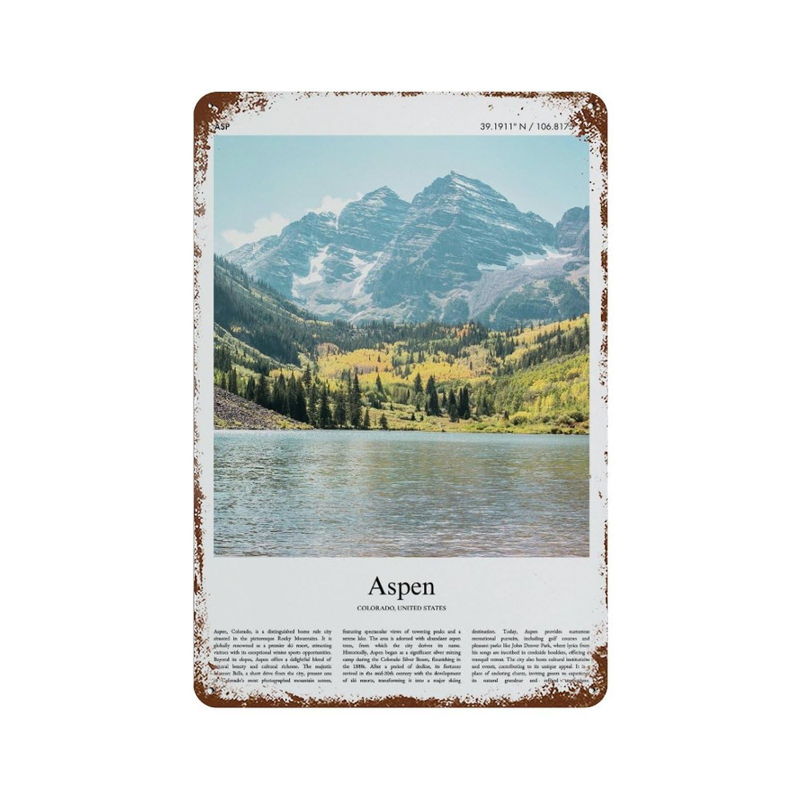 xiaoxiaoshen Aspen Colorado, United States, USA City Scenery Wall Decor Art Metal Tin Poster Modern Home Decor Art Home Bar Shop Decorations Vintage Sign 30x20cm