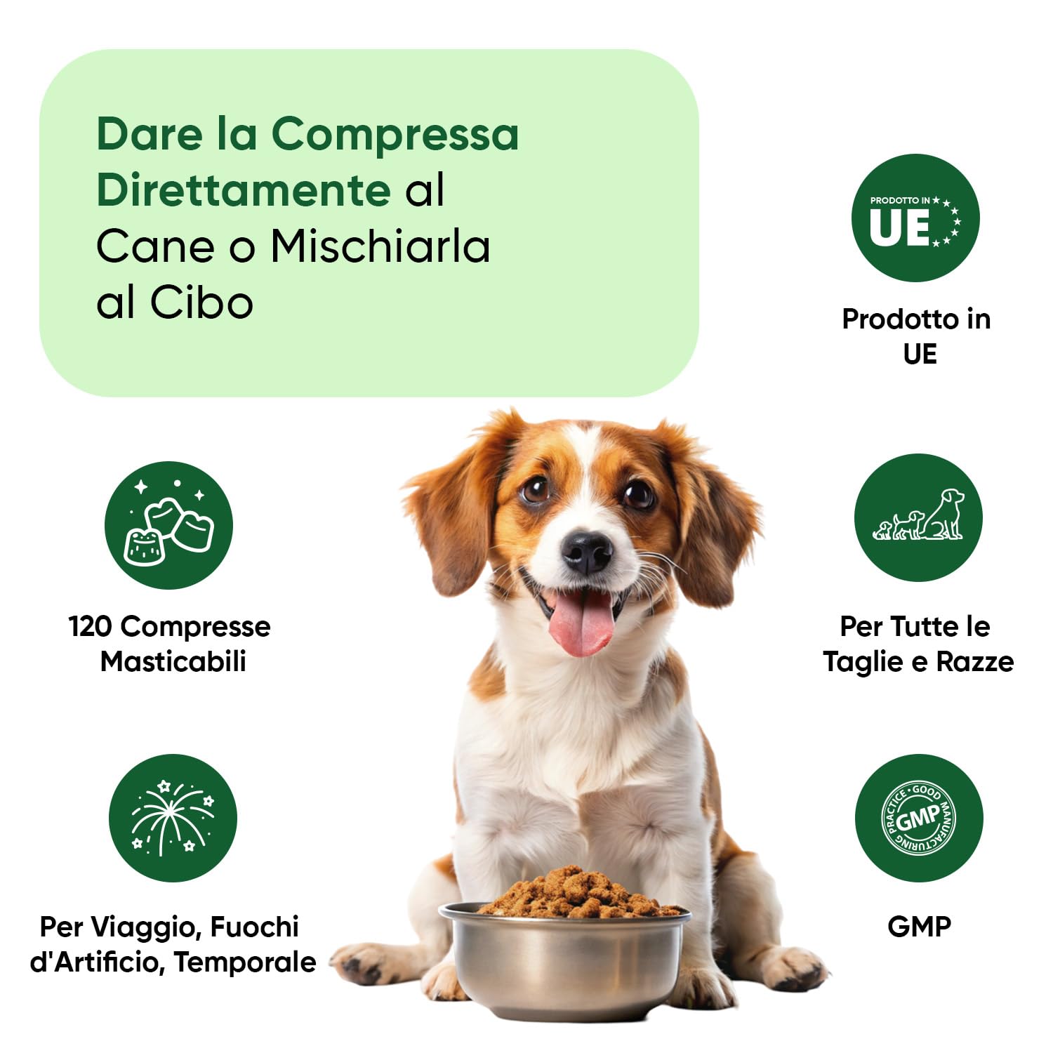 Calmante per Cani 120 Compresse Masticabili, per Fuochi d'Artificio, Temporale, Antistress Cane Agitato con Passiflora, Melissa, Ashwagandha, L-Taurina, Vitamina B1, Magnesio Citrato, Prodotto in UE