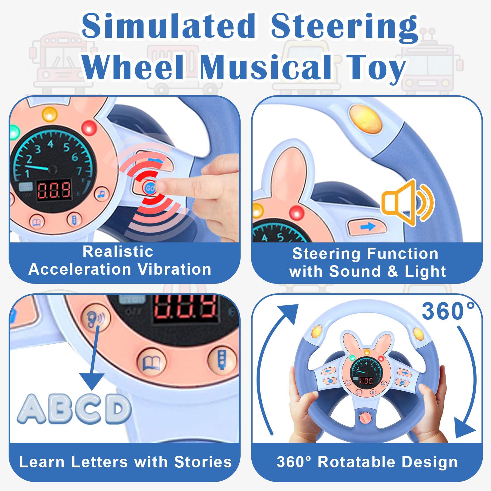 Volante Giocattolo per Bambini, Simulatore di Guida Bambini con Giochi Musicali, Luci e Vibrazioni, Gioco di Ruolo 360°Ruota Volante Giocattolo per Auto 3 5 6 Anni (Blu)