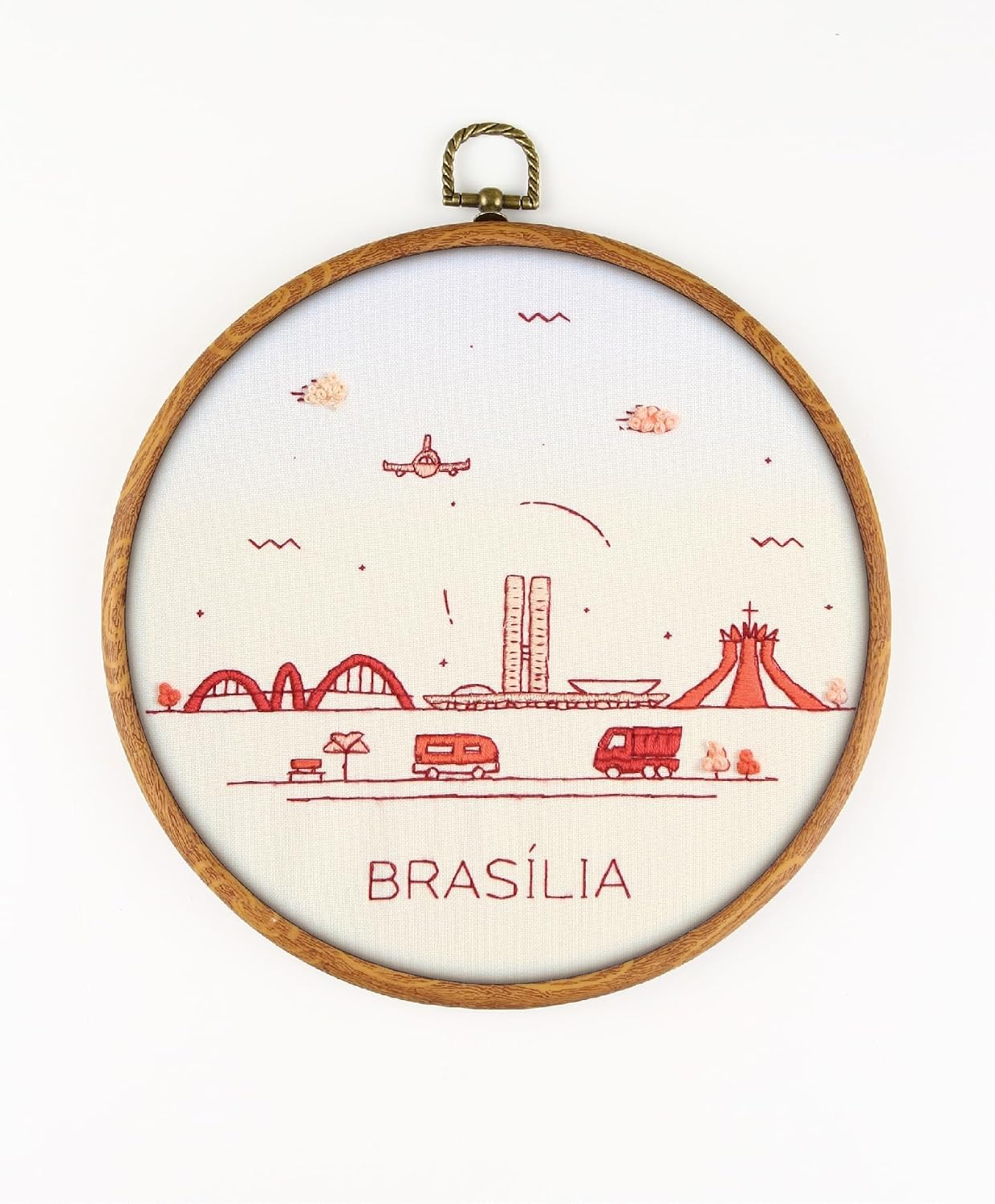 Brasilia Brazil EM112 - DIY Embroidery Kit. Set of Threads, Needles, Stamped Cloth, Needle Threader, Embroidery Clippers and Printed Color Pattern Inside.