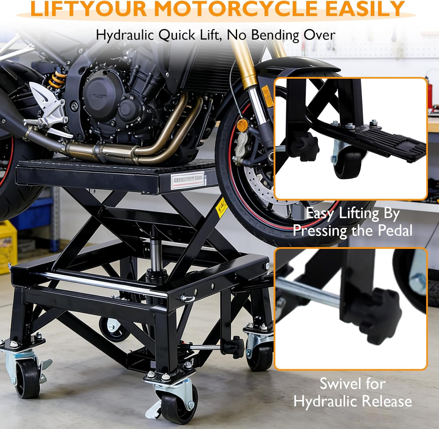 Hydraulic Motorcycle Lift Table, 350 lbs Capacity Scissor Jack Lift with Wide Deck, J-Hooks, 4 Wheels, Foot-Operated Jack Stand for ATV Dirt Bikes (Black)