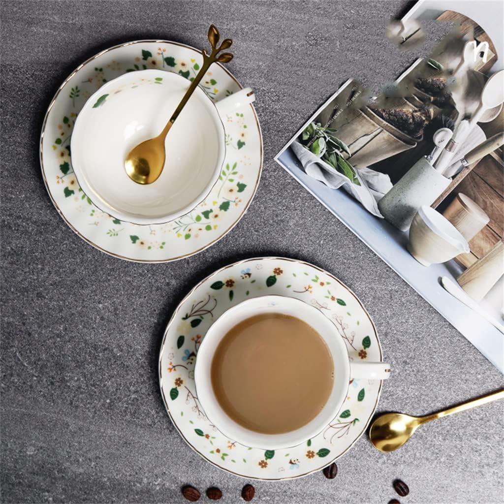 Fashion Little Flower Coffee Cup and Plate High Bone Porcelain Black Tea Cup and Plate Set Coffee Cup(E)
