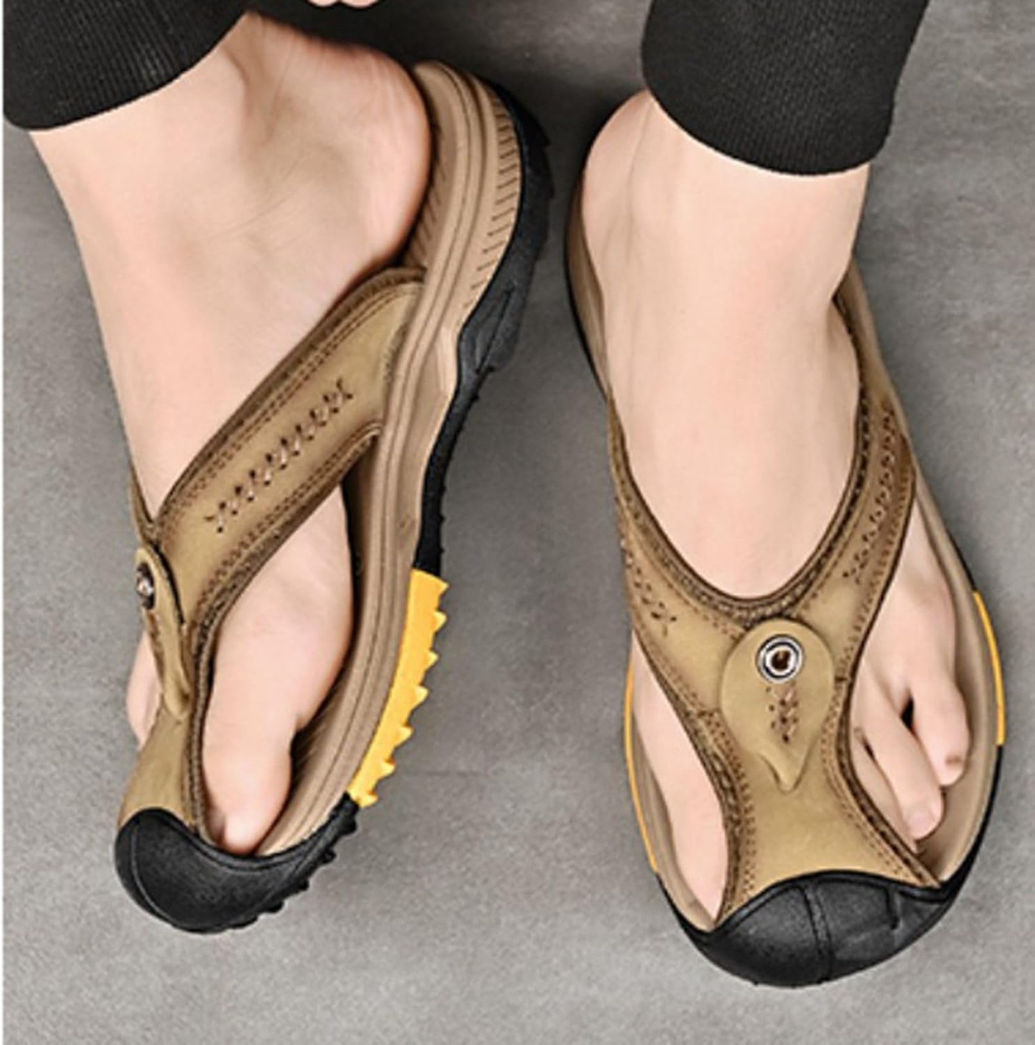 [GUREITOJP] メンズ ビーチサンダル 鼻緒 ビーサン 本革 レザー トングサンダル つま先あり アウトドア オフィススリッ