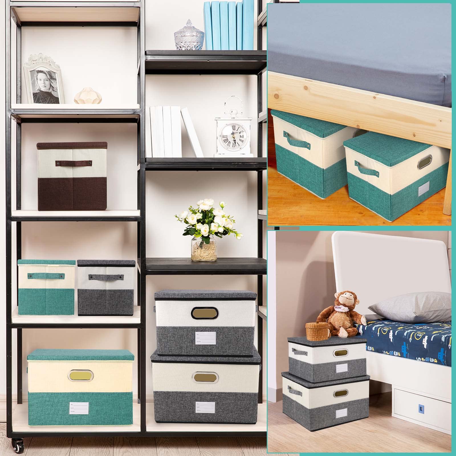 Contenedores grandes de tela de lino plegables con tapa y asas extraíbles, caja de almacenamiento lavable, cesta organizadora con cubierta para dormitorio, armario, oficina (blanco y negro,