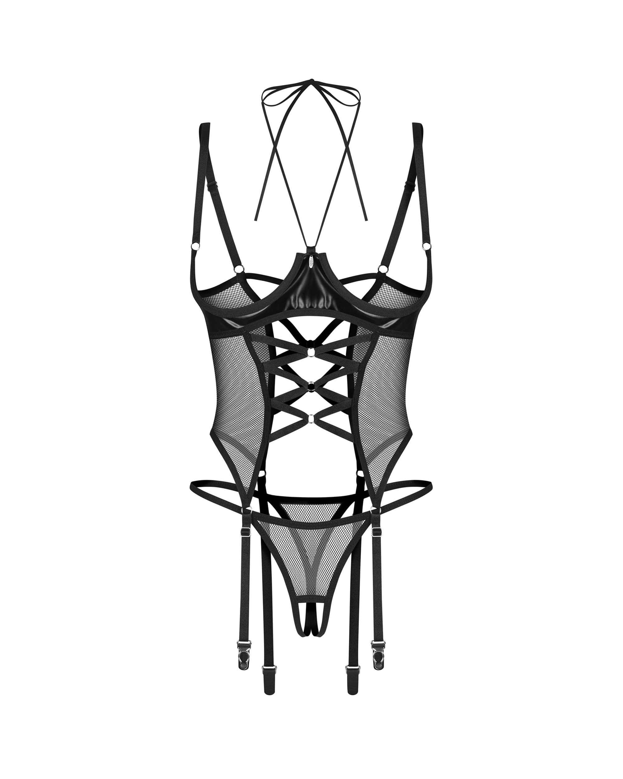 Selente Love & Fun Birichino completo intimo a 3 pezzi: guepiere o corsetto, tanga ed esclusiva benda per occhi in raso. Made in EU.