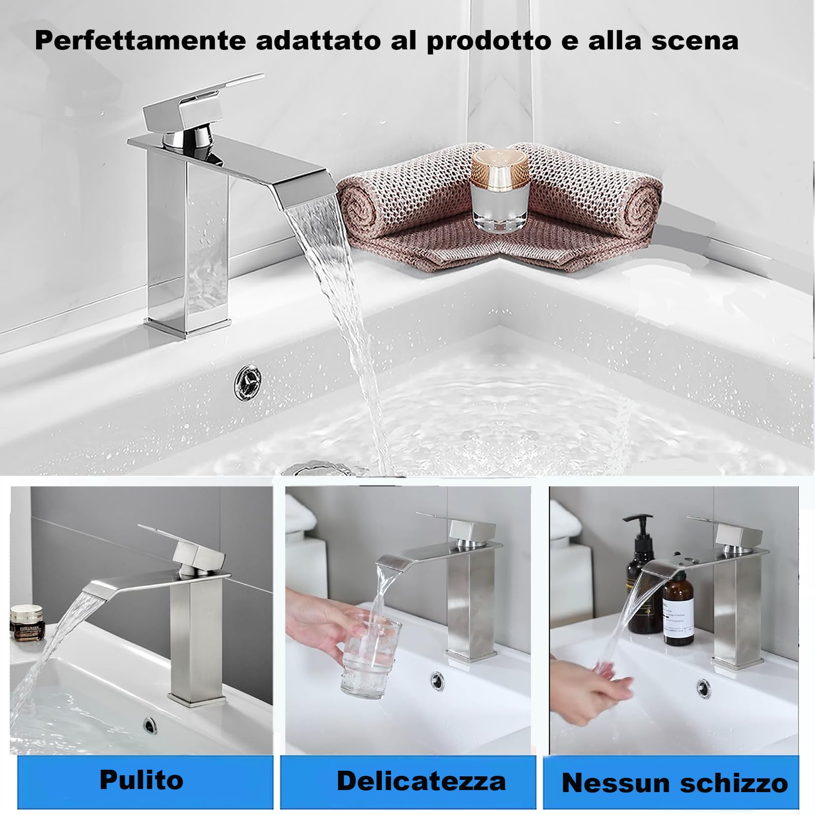 XWIHTR Rubinetto a cascata per bagno, rubinetto per lavabo a una maniglia, risparmio idrico, rubinetto per lavabo, bocca calda e fredda, rubinetto per bagno in acciaio inox (spazzolato)