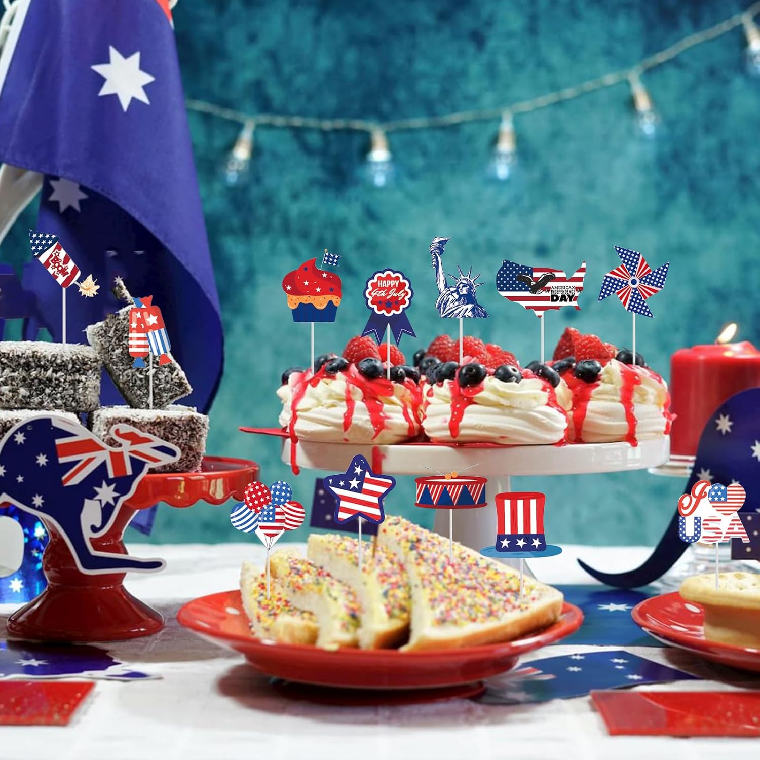 24Pcs Independence Day Decorations Cupcake Toppers, 4th Of July Cake Decor Patriotic Toothpicks With Firework Star USA American Flag Red Blue Picks DIY Table Centerpieces For Memorial Day Party Supply