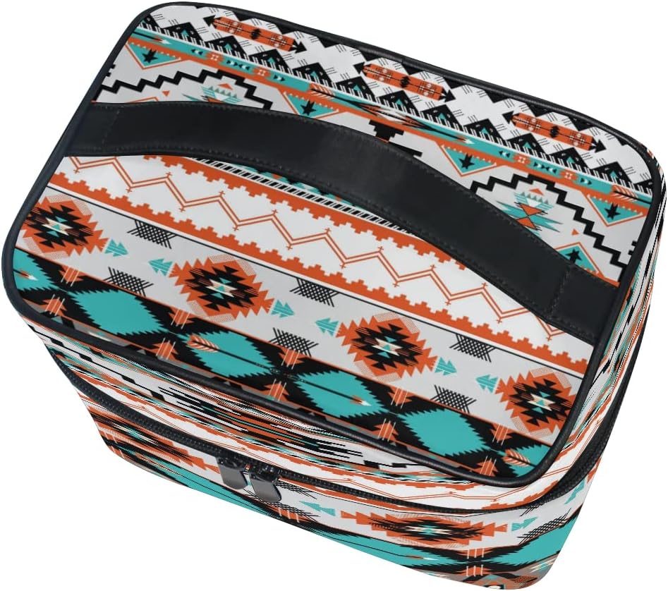AUUXVA Travel Cosmetic Bag Ethnic Geometric Chevron Aztec Makeup Bag Large Organizer Portable Toiletry Bag Storage Train Case Zipper Brush Bag for Women and Girls