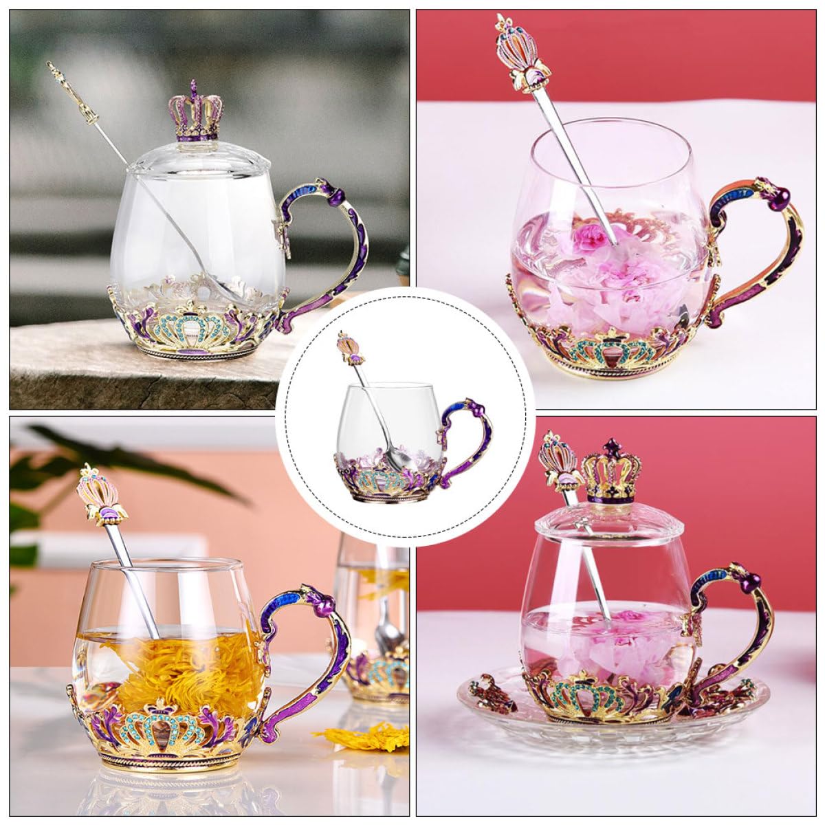 jojofuny Taza de Vidrio con Diseño Ergonómico y Resistente al Frío y Calor, Copa para Beber con Cuchara Incluida, Estilo Único Adecuado para Té y Jugos Color Aleatorio