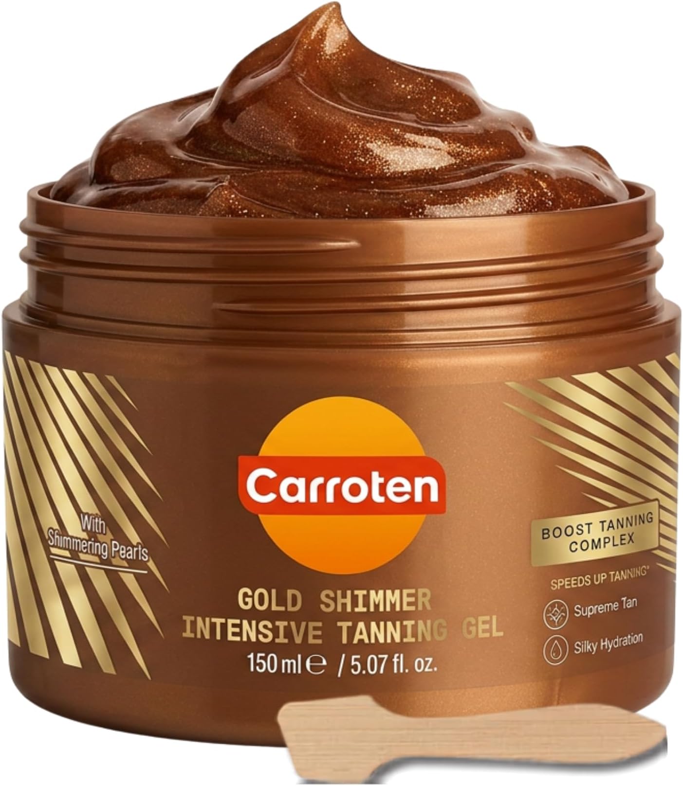 Gold Shimmer Tanning Gel | Browning Tan Accelerator | Non-Greasy, Water-Resistant with Carrot & Coconut Oil | Vitamin A & E For Moisture & Hydration | 5 Fl Oz + Spatula