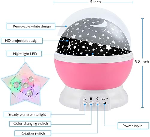 Miniatura 5 de Luz de noche para niños, luz nocturna de estrellas, proyector de nebulosa y estrellas de 360 grados de rotación, 4 bombillas LED, 12 colores de luz