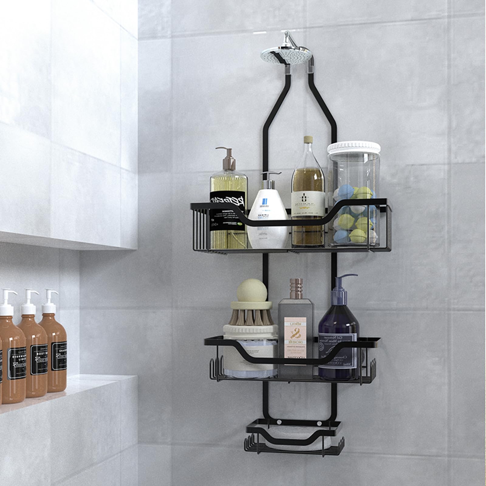 Mensola da doccia sospesa, mensola doccia a 3 ripiani, senza foratura, da appendere con 2 cestelli, 1 vassoio per sapone, mensola doccia, organizer da bagno in acciaio inox, porta shampoo