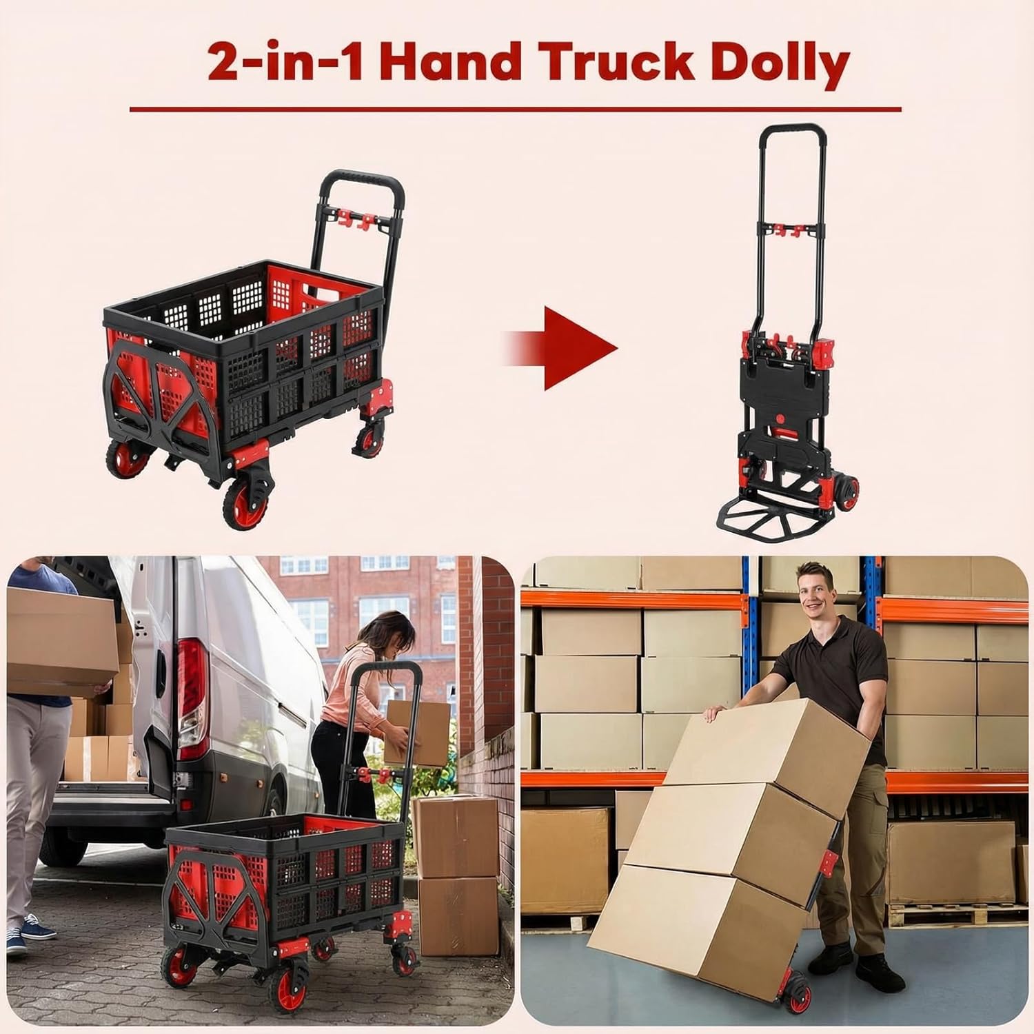 2 in 1 Hand Truck Dolly Foldable with Basket, 330LBS Capacity Collapsible Cart with Wheels for Moving, Luggage Platform Cart with Retractable Handle, Office, Warehouse, Supermarket (Red)