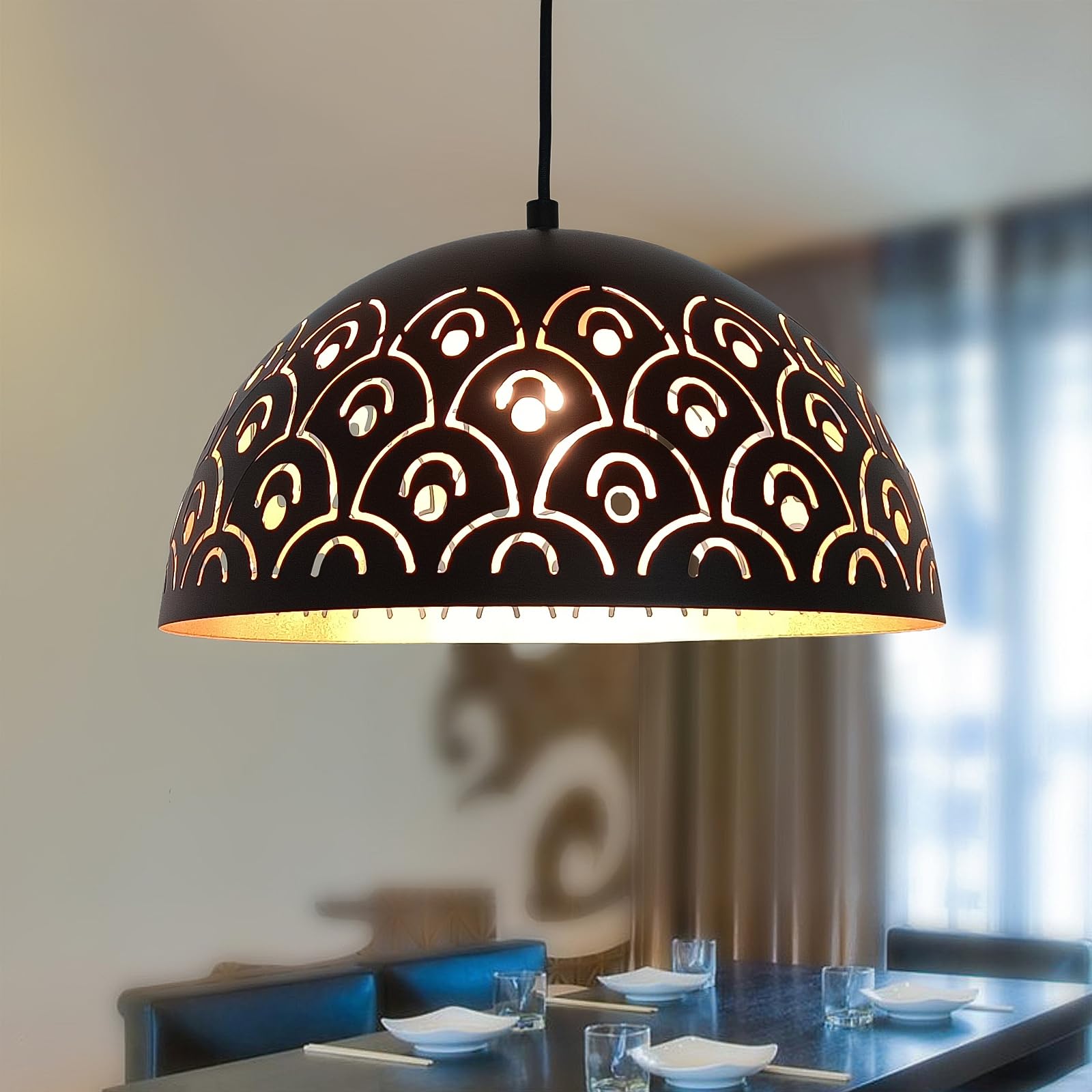 YNDD Lampadario Cucina Vintage Nero e Oro, Lampada a Sospensione Retrò E27 Altezza Regolabile Luce Sospensione Tavolo in Metallo Industriale per Sala da Pranzo Camera da Letto Soggiorno Ø: 30 cm