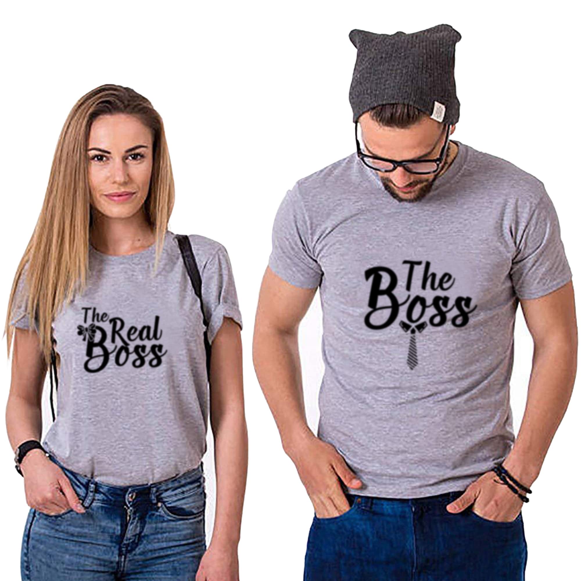 KMDebhelBoss and Real Boss Matching Couple T-Shirt for Husband Wife,Pure Cotton Matching T-Shirt for Lover（Pack of 1 T-Shirt）