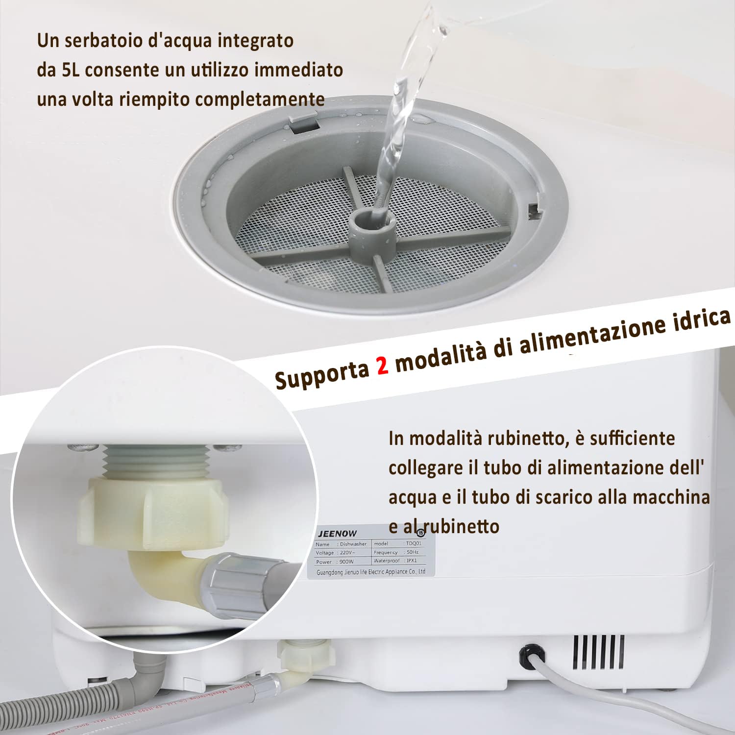 YU YUSING Mini Lavastoviglie Piccola 45 cm 5 Coperti, 5+1 Programmi, Asciugatura PTC, con o senza Alimentazione Idrica, Lavastoviglie Portatile, Serbatoio da 5L, Display LED, Bianco e Nero