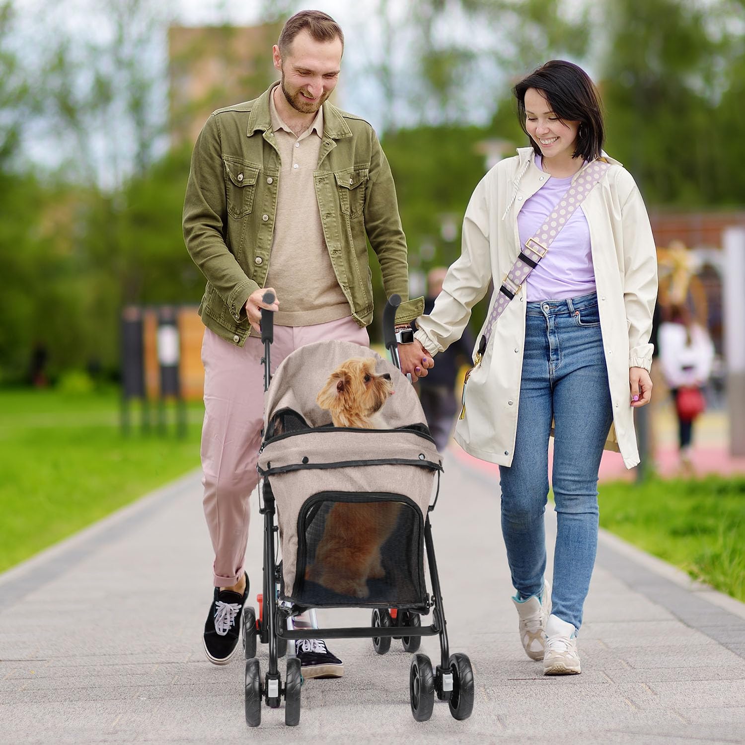 Poussette pour chiens de taille moyenne, poussette pliable pour chiots de petite taille jusqu'à 15 kg, 4 roues avec porte-gobelet, roues avant rotatives à 360° pour promenade en plein air