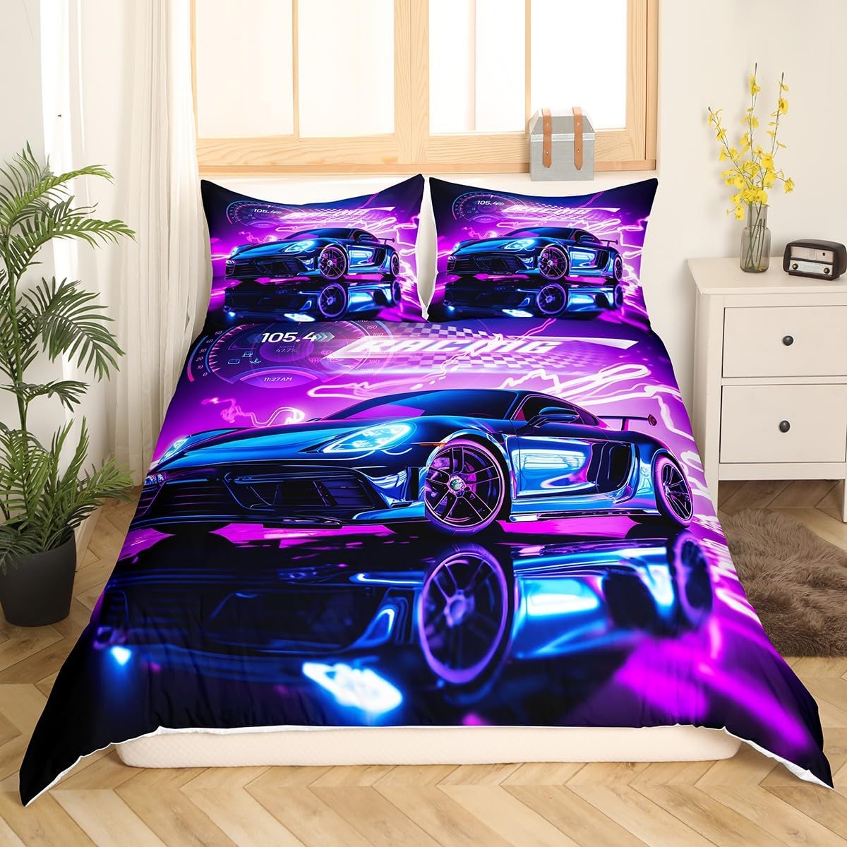 jejeloiu Racing Car Bedding Set Twin Size Kids Purple Race car Comforter Cover Set for Boys Girls Teens Speed Sports Car Duvet Cover Breathable Extreme Sports Bedspread Cover Room Decor Quilt Cover