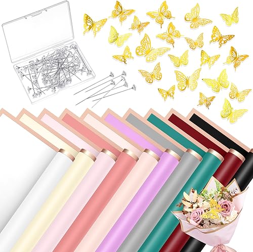 Fulmoon 20 hojas de papel de regalo de flores con 48 piezas de decoraciones de mariposa dorada 3D, 100 pines de ramillete para manualidades,